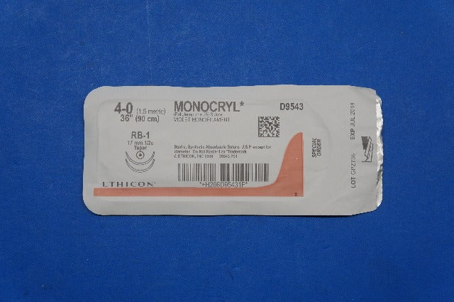 Ethicon D9543 4-0 MONOCRYL, RB-1 17mm 1/2c Taper, Violet Monofilament, 36inch