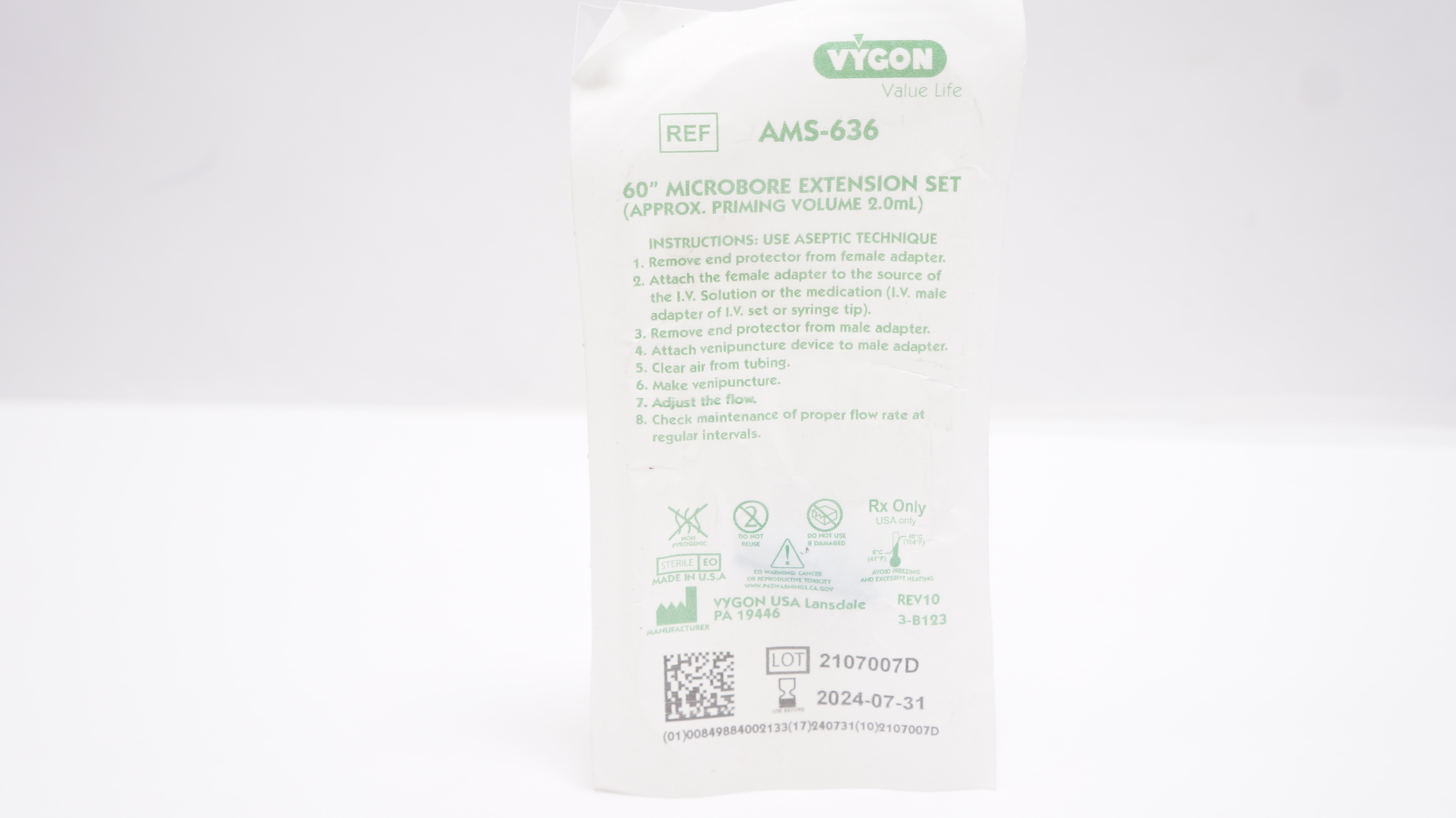 Vygon AMS-636 Value Life Microbore Extension Set, 2.0ml x 60inch
