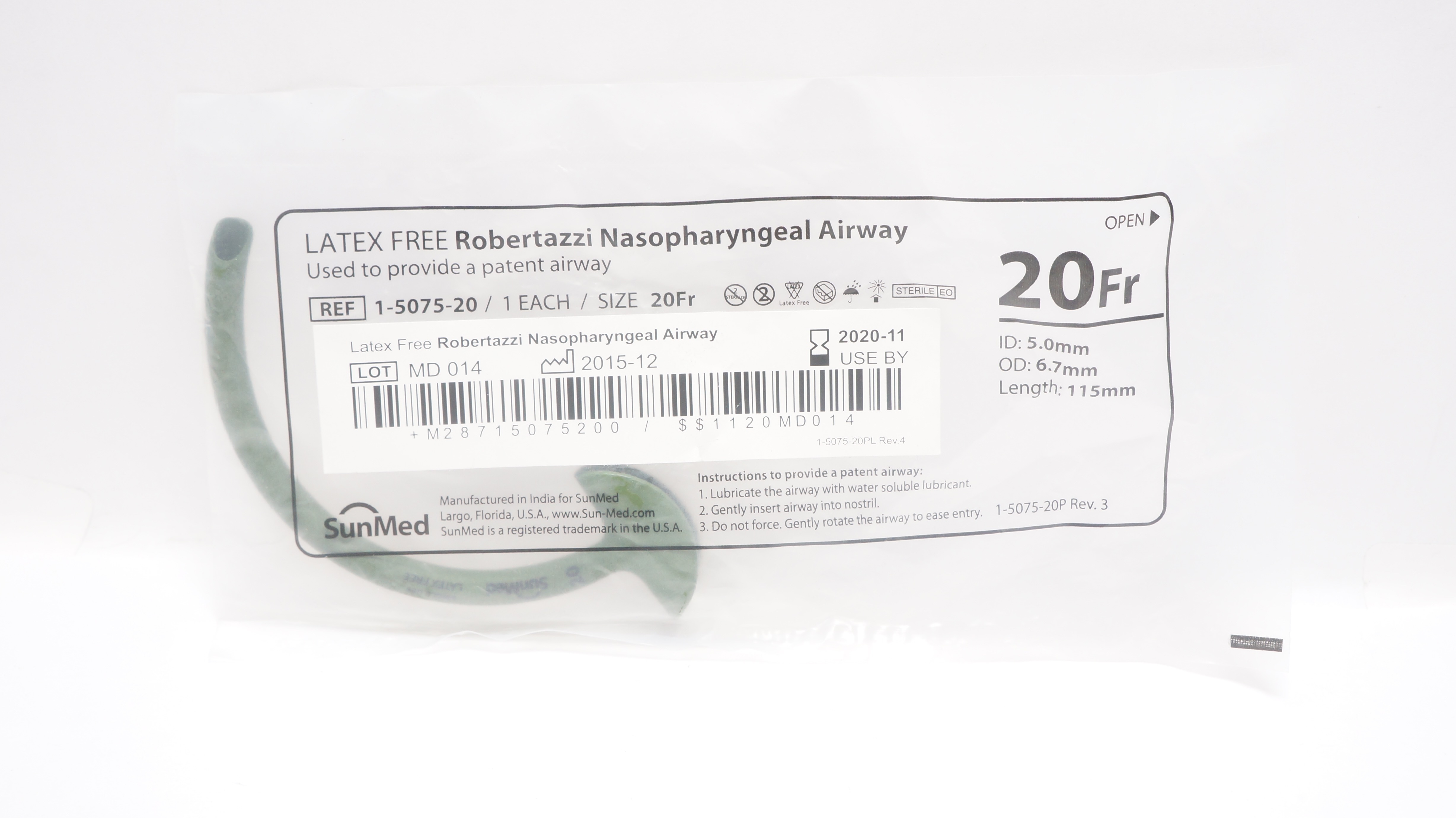 SunMed 1-5075-20 Robertazzi Nasopharyngeal Airway 20Fr x 5.0 x 6.7 x 115 mm (x)