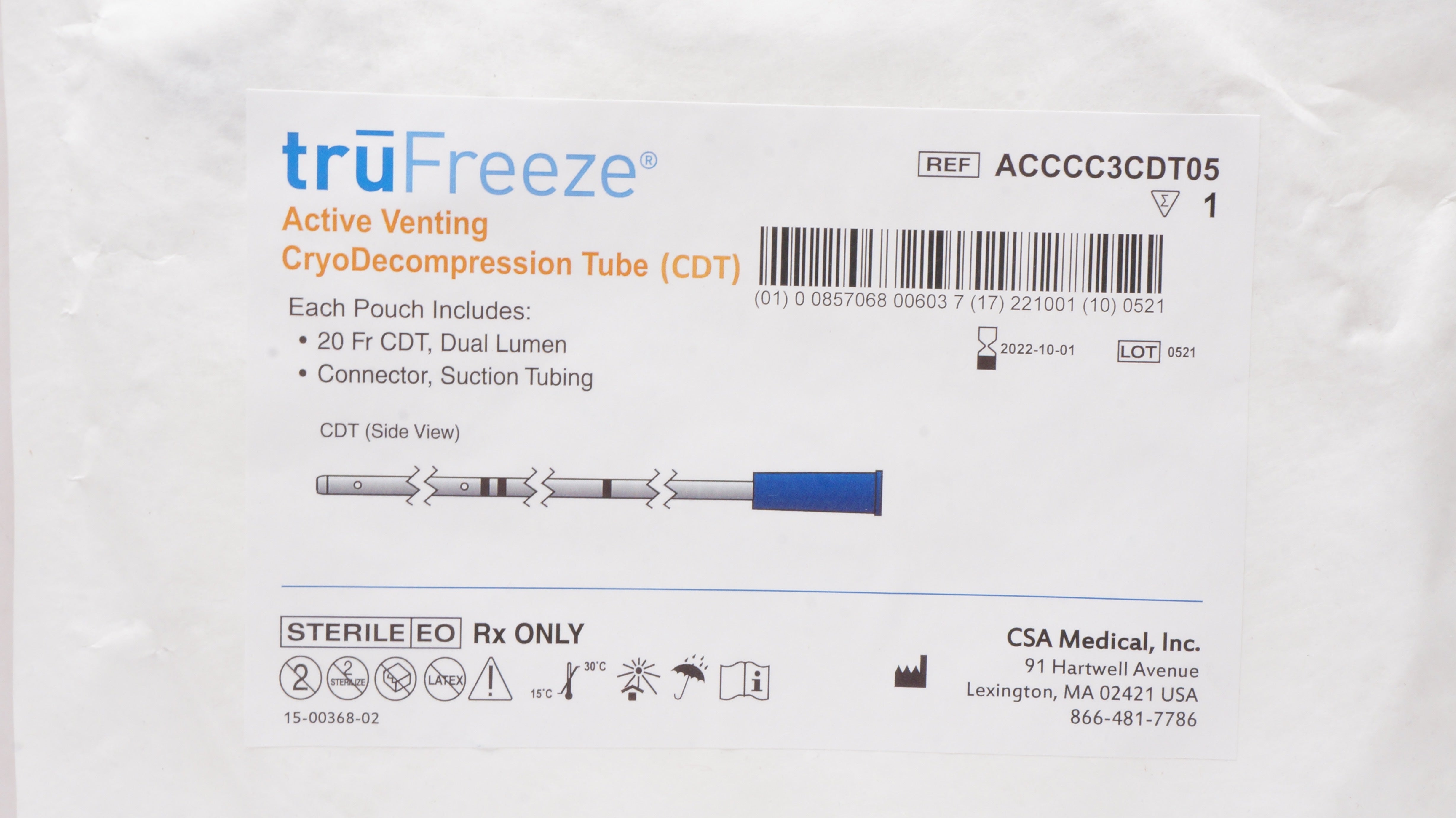 CSA Medical ACCCC3CDT05 truFreeze Active Venting CryoDecompression Tube 20Fr(x)