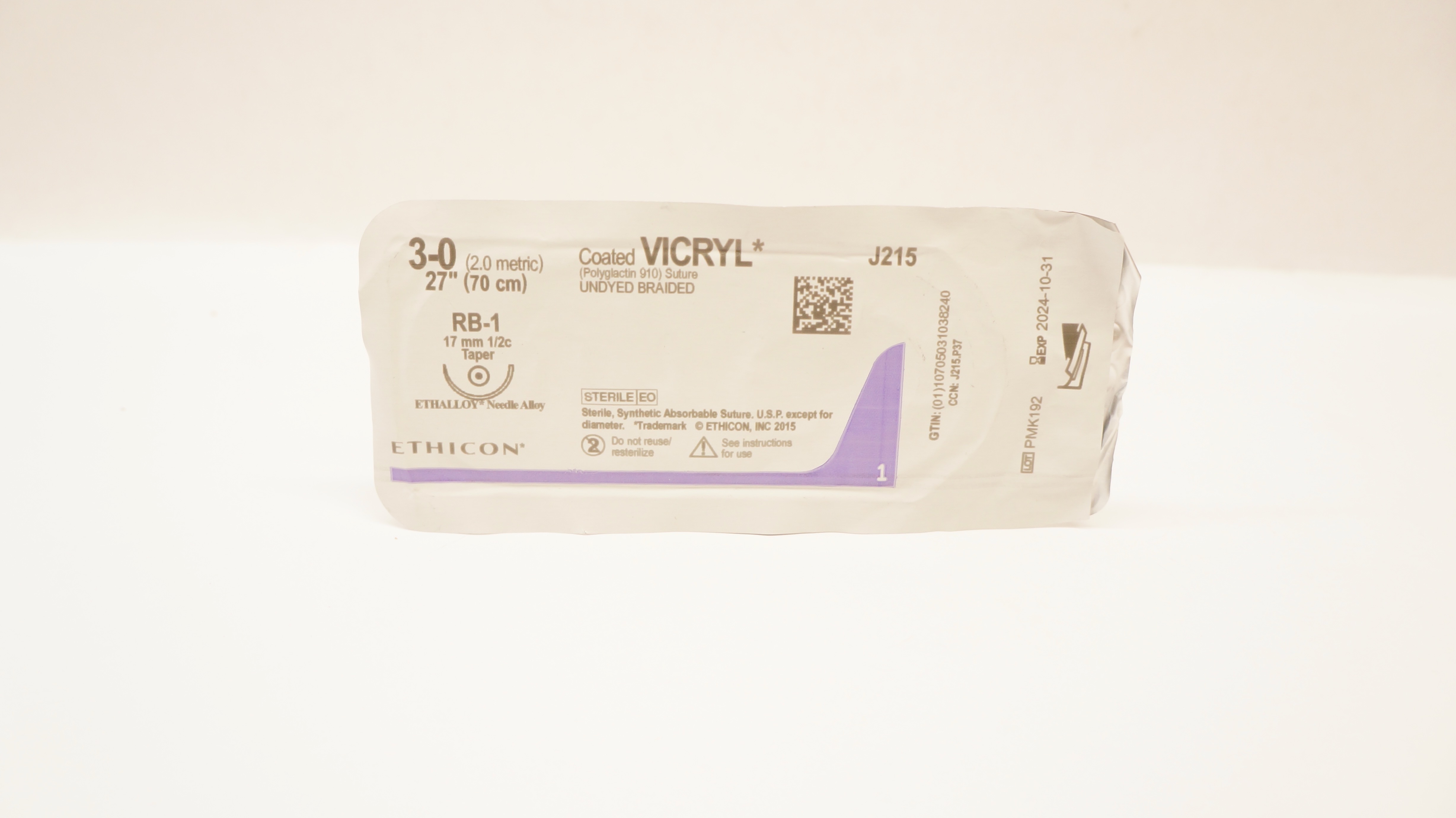 Ethicon J215 3-0 VICRYL, RB-1, 17mm 1/2c Taper, 27inch