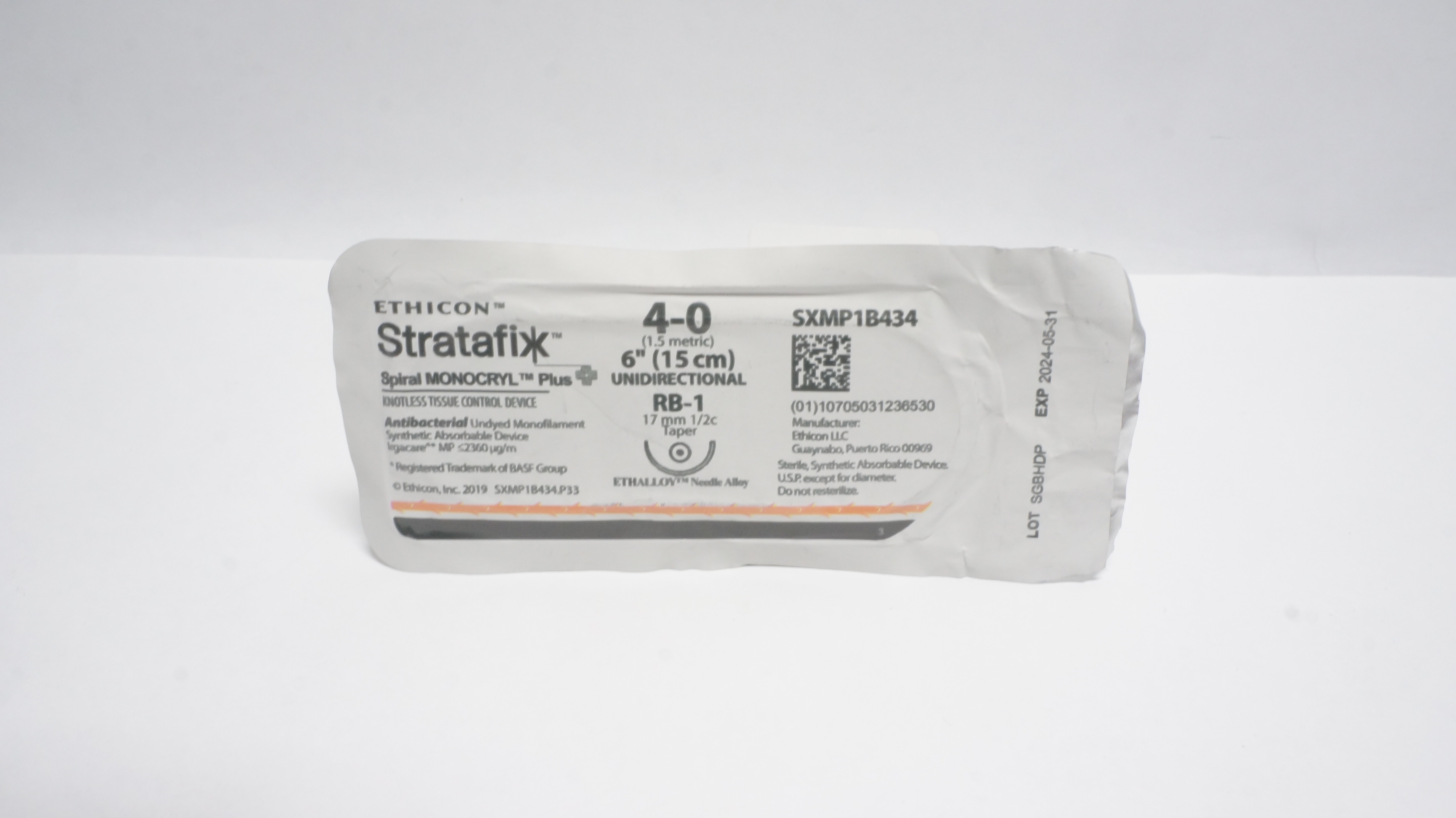 Ethicon SXMP1B434 4-0 STRATAFIX Spiral MONOCRYL Plus RB-1 17mm 1/2c, 6in (x)