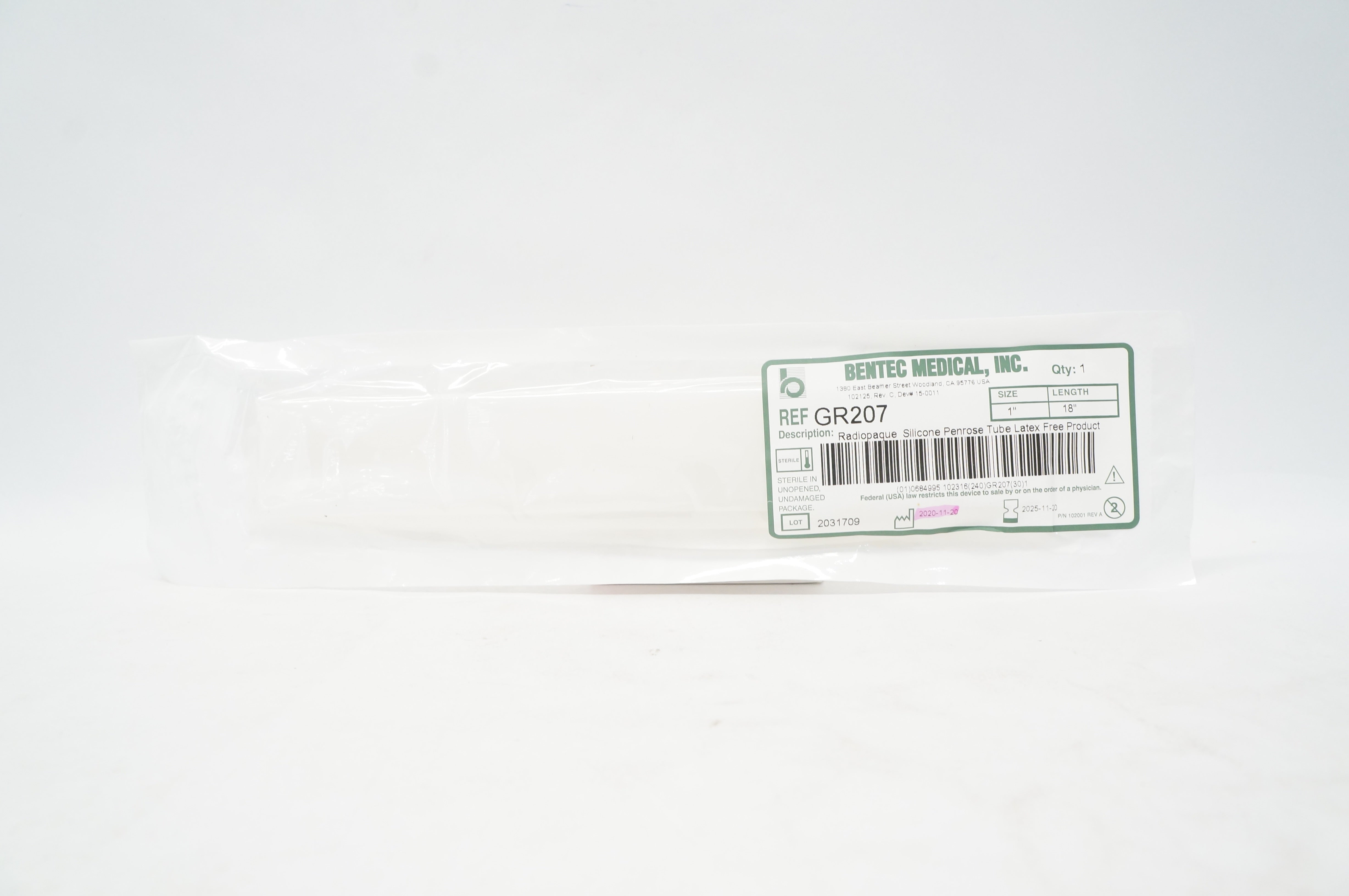 Bentec Medical GR207 Radiopaque Silicone Penrose Tube, Size 1, 18 inch