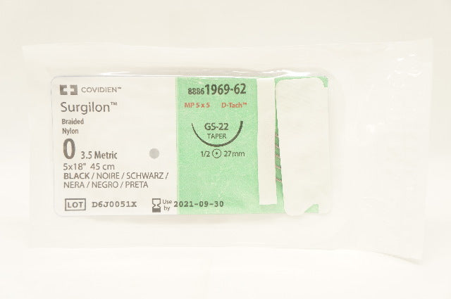 Covidien 1969-62 0 Surgilon Braided Nylon GS-22 Taper 1/2 27mm, 5 x 18inch (x)