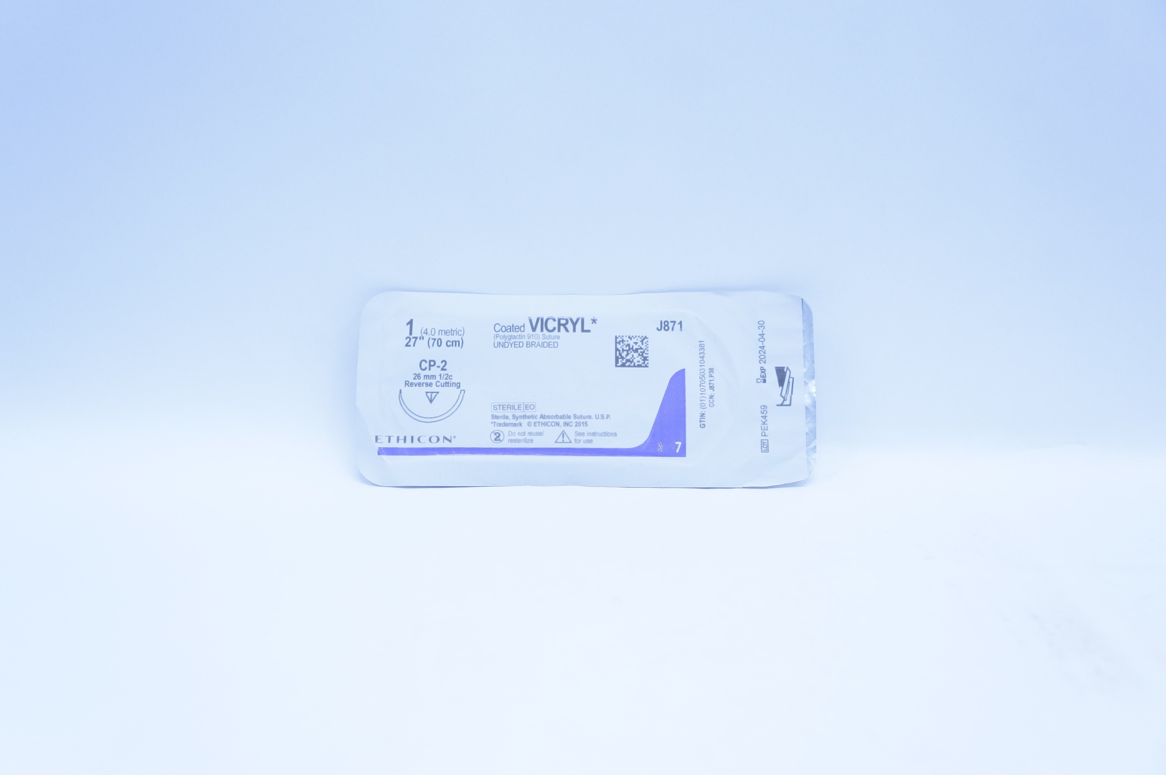 Ethicon J871 1 Vicryl, CP-2, 26mm 1/2c Reverse Cutting, 27inch