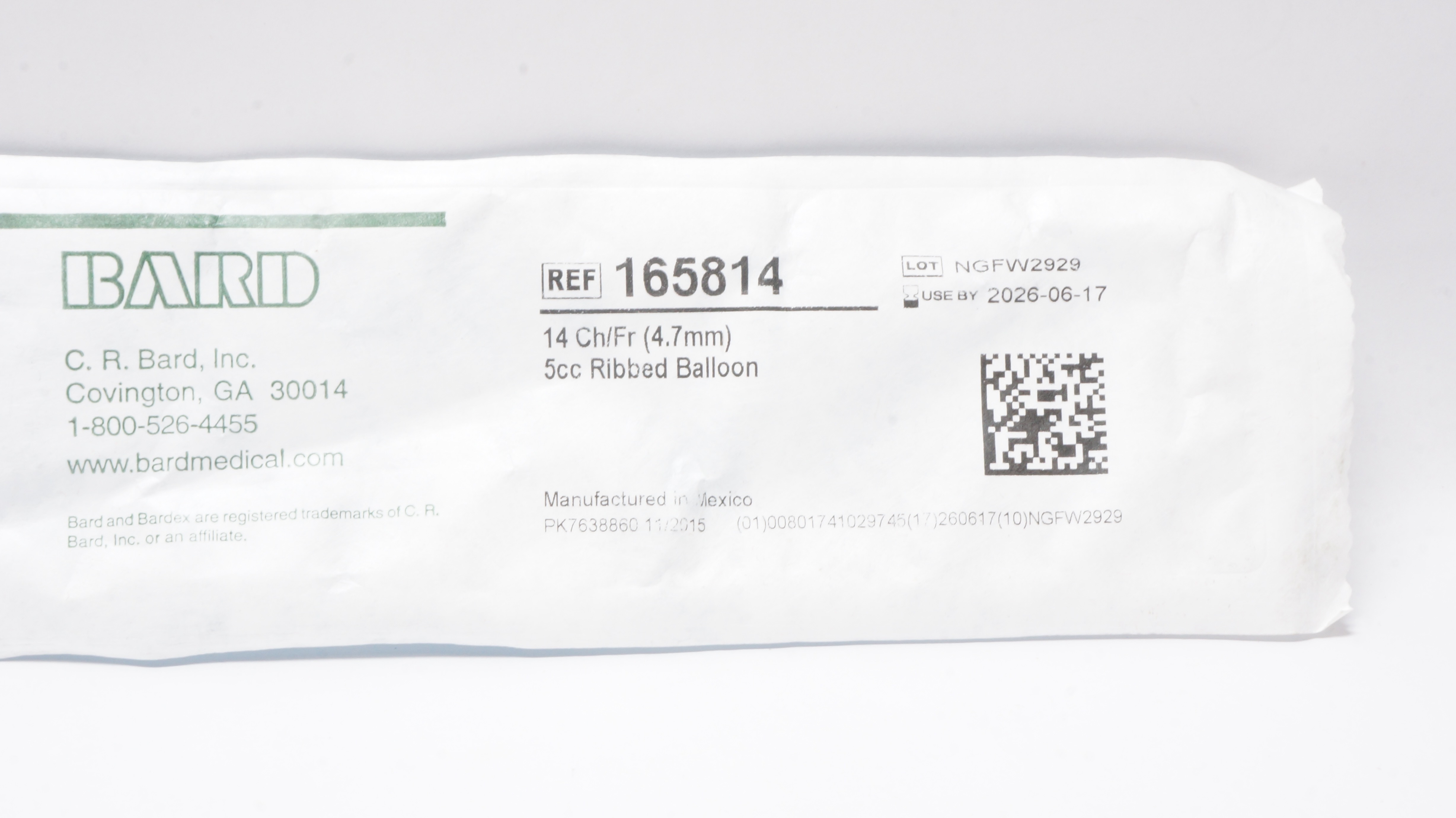 Bard 165814 Bardex All-Silicone Foley Cath. 14Ch/Fr 5cc Ribbed Balloon
