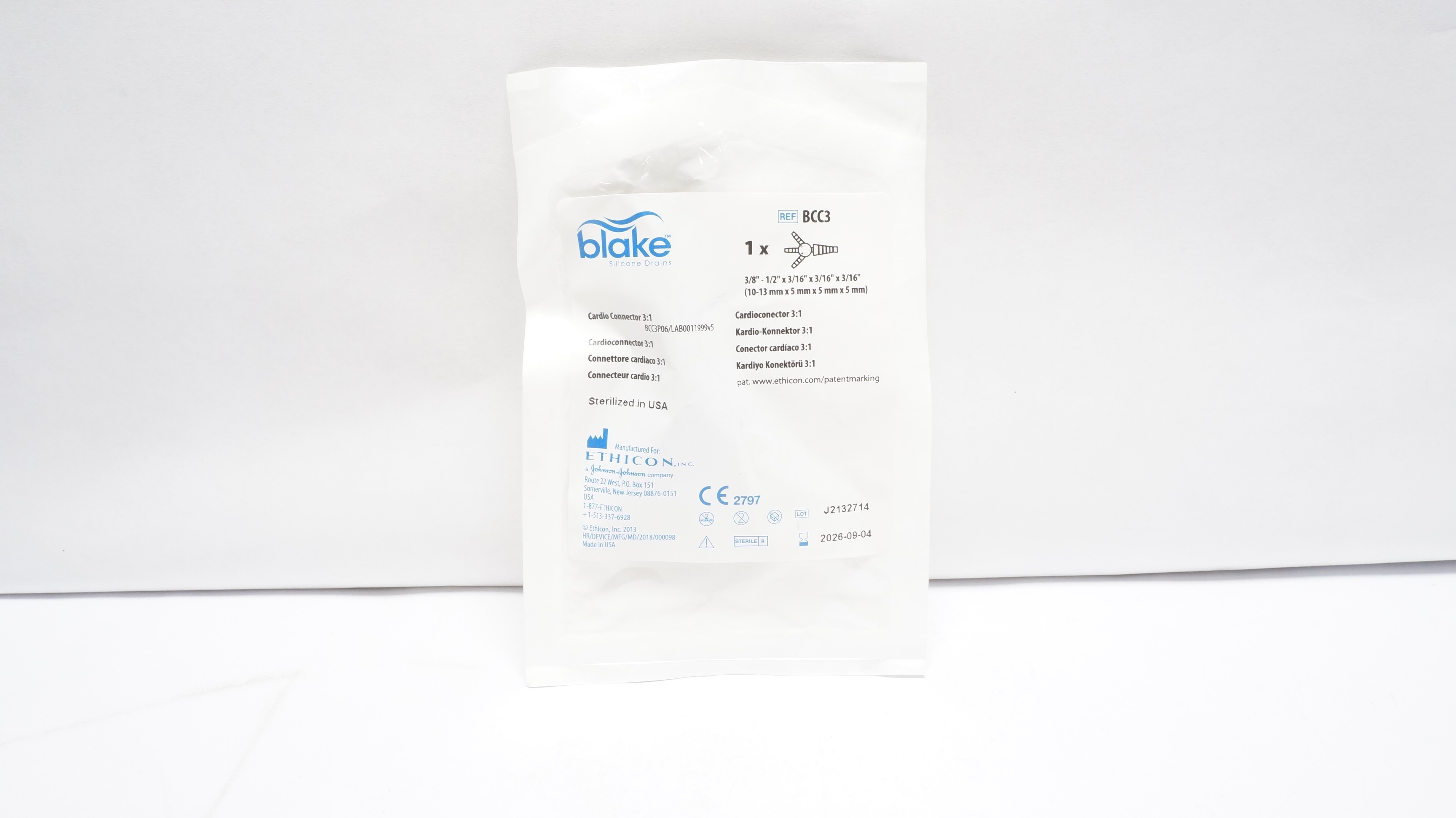 Ethicon BCC3 Blake Cardio Connector 3:1, 3/8 - 1/2 x 3/16 x 3/16 x 3/16inch