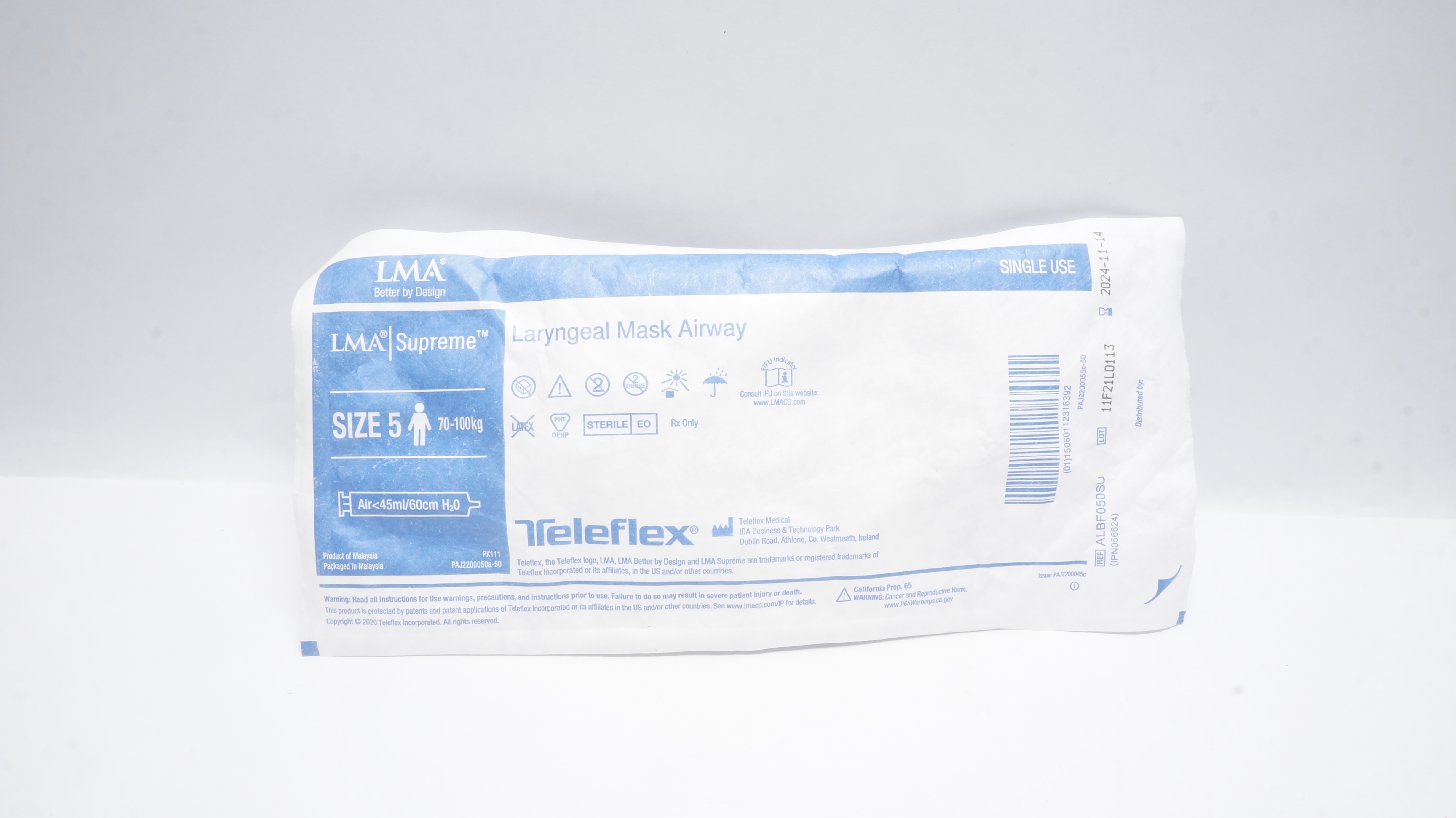 Teleflex ALBF050SU Laryngeal Mask Airway Size 5 50-70kg, Air <45ml/60cm H2O (x)