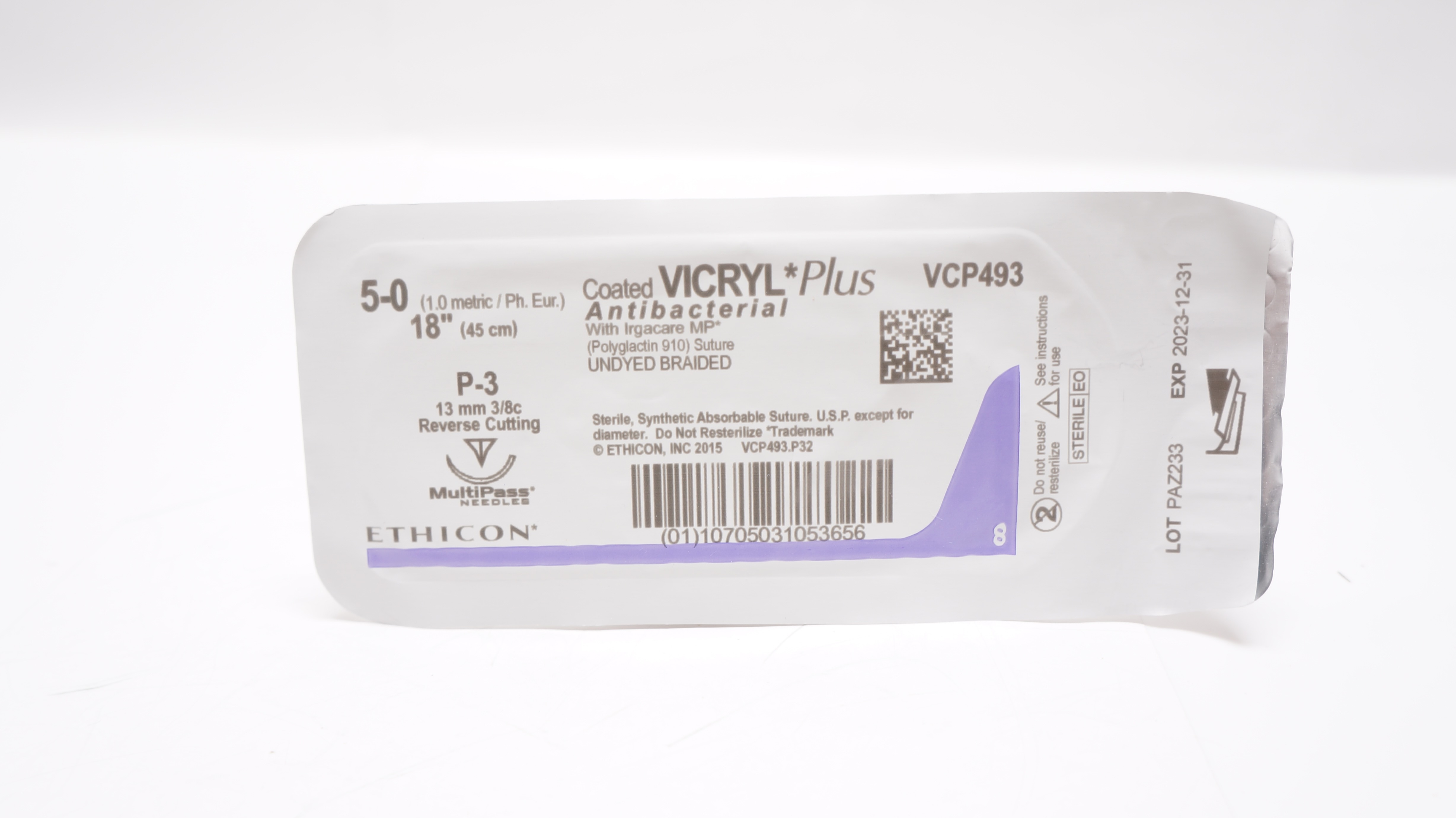 Ethicon VCP493 5-0 VICRYL Plus, P-3, 13mm 3/8c Reverse Cutting, 18inch (x)