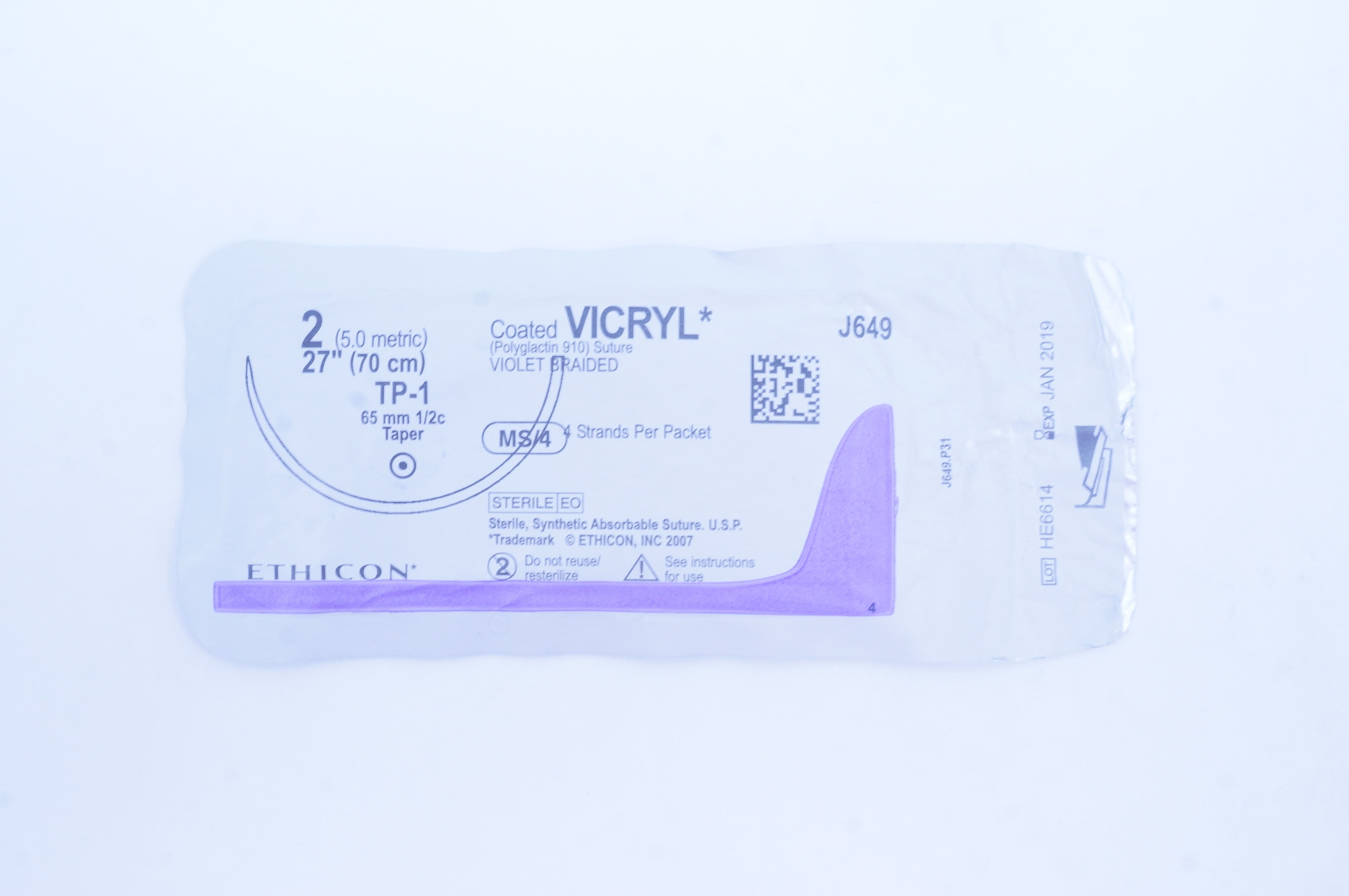 Ethicon J649 2 Coated VICRYL Stre TP-1 65mm 1/2c Taper 27 inch MS/4 (x)
