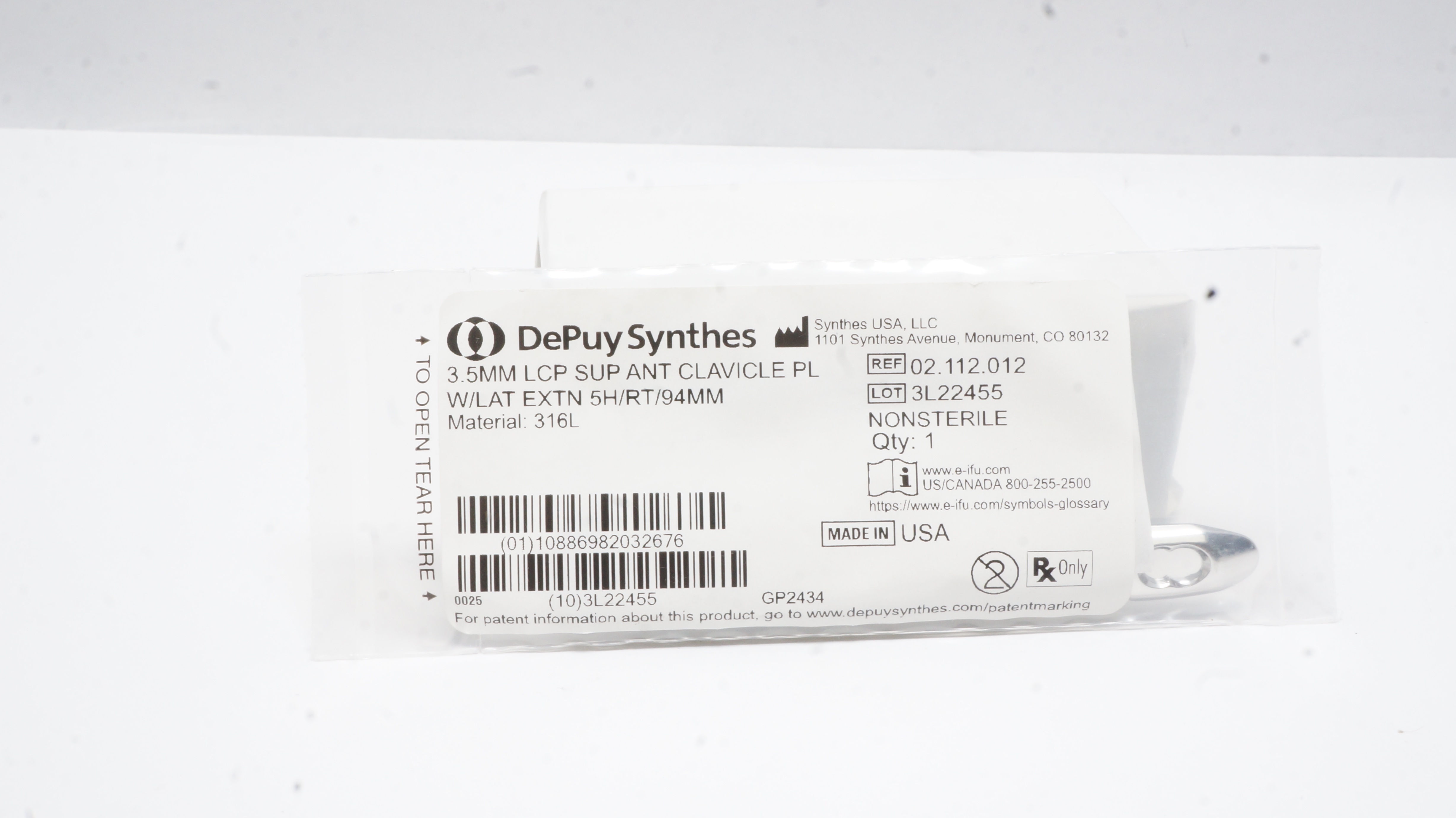 Synthes 02.112.012 3.5mm LCP SUP ANT Clavicle Plate w/Lat Extn 5H/RT/94mm