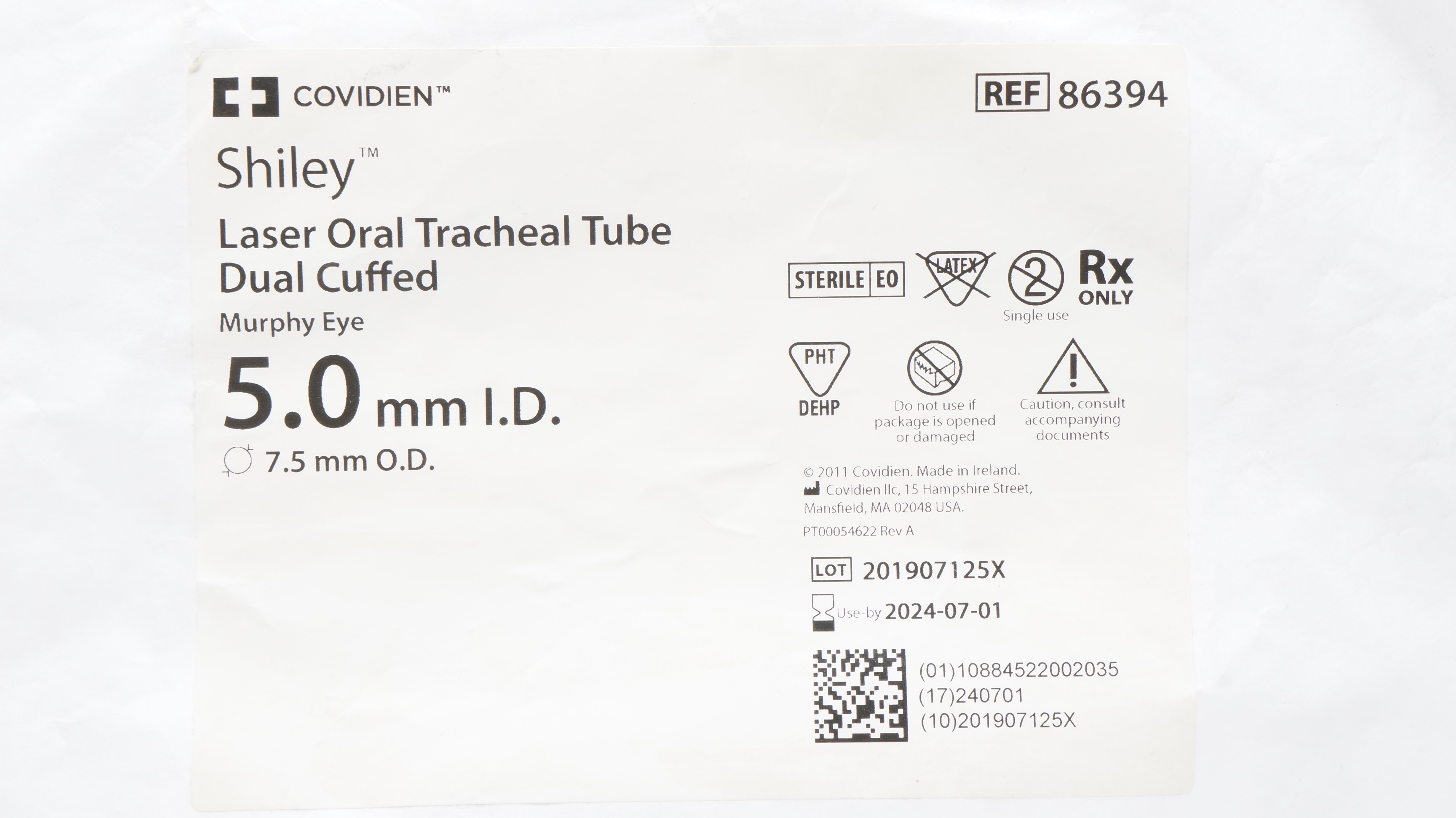 Covidien 86394 Shiley Laser Oral Tracheal Tube Dual Cuffed 5.0 ID x 7.5mm OD(x)