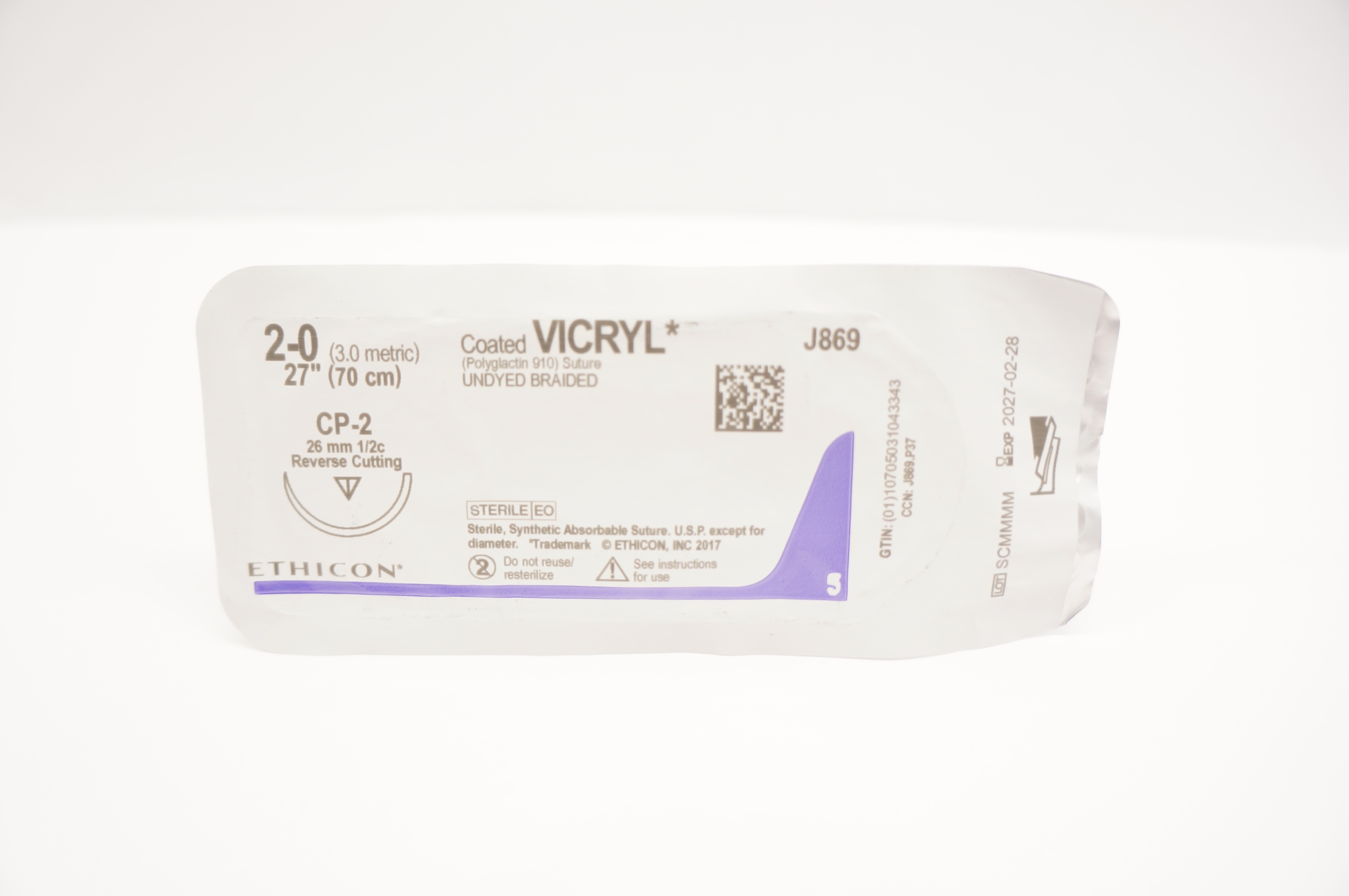 Ethicon J869 2-0 Coated Vicryl,  CP-2, 26mm 1/2c Reverse Cutting, 27inch