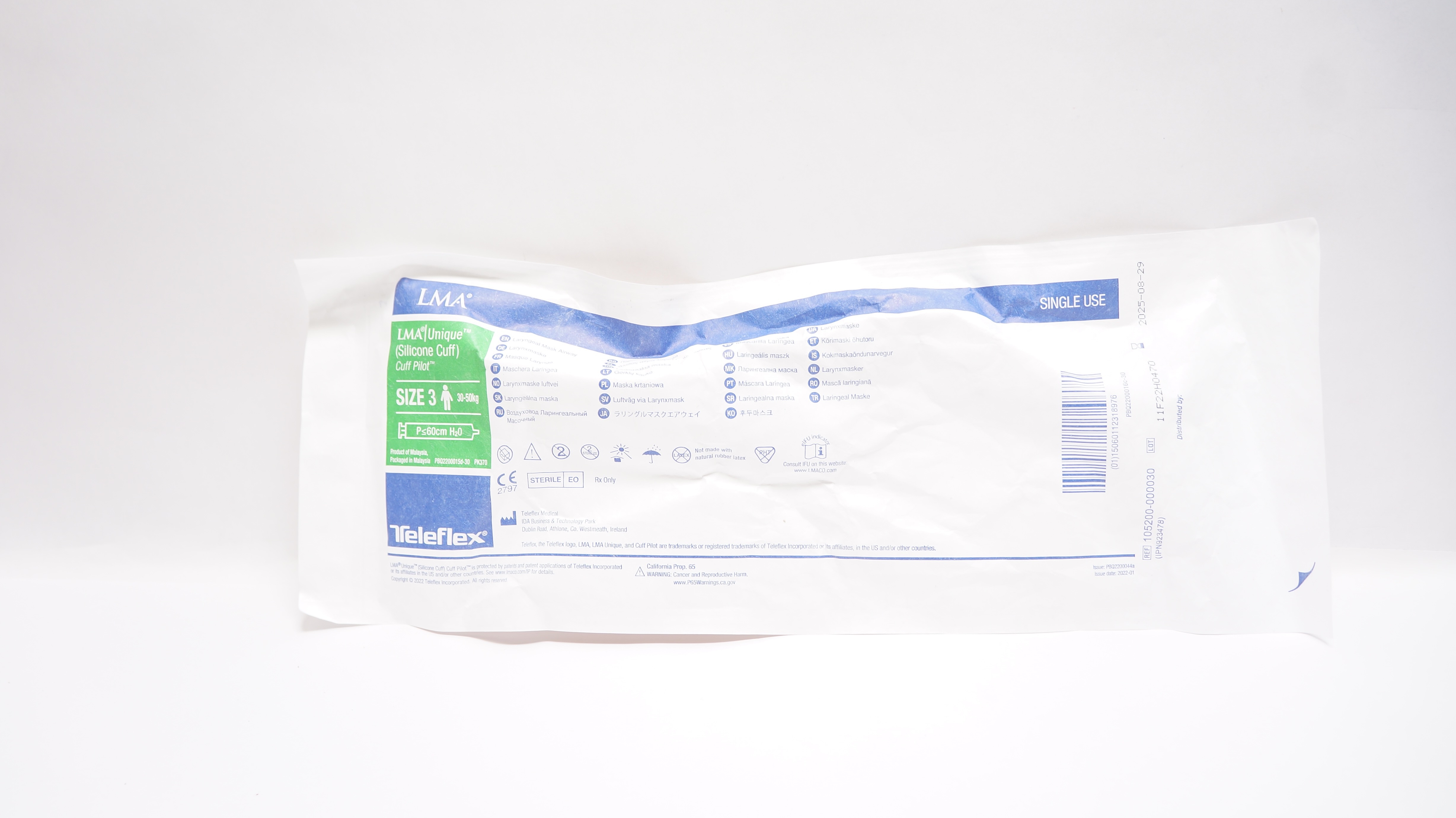 Teleflex 105200-000030 LMA Unique Laryngeal Mask Airway Size 3 30-50kg ≤60cm H2O