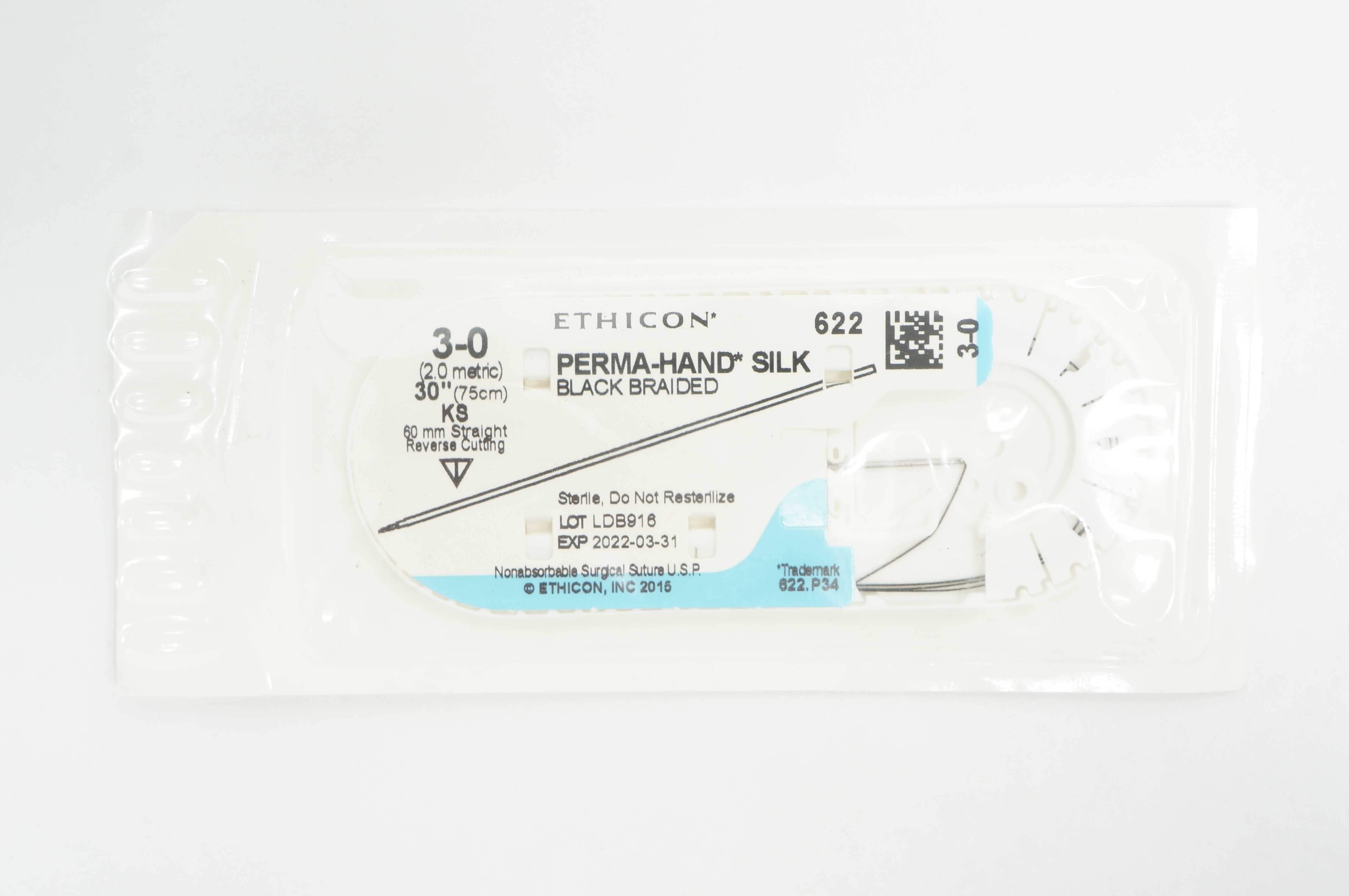 Ethicon 622 3-0 Perma-Hand Silk KS 60mm Straight Reverse Cutting, 30inch