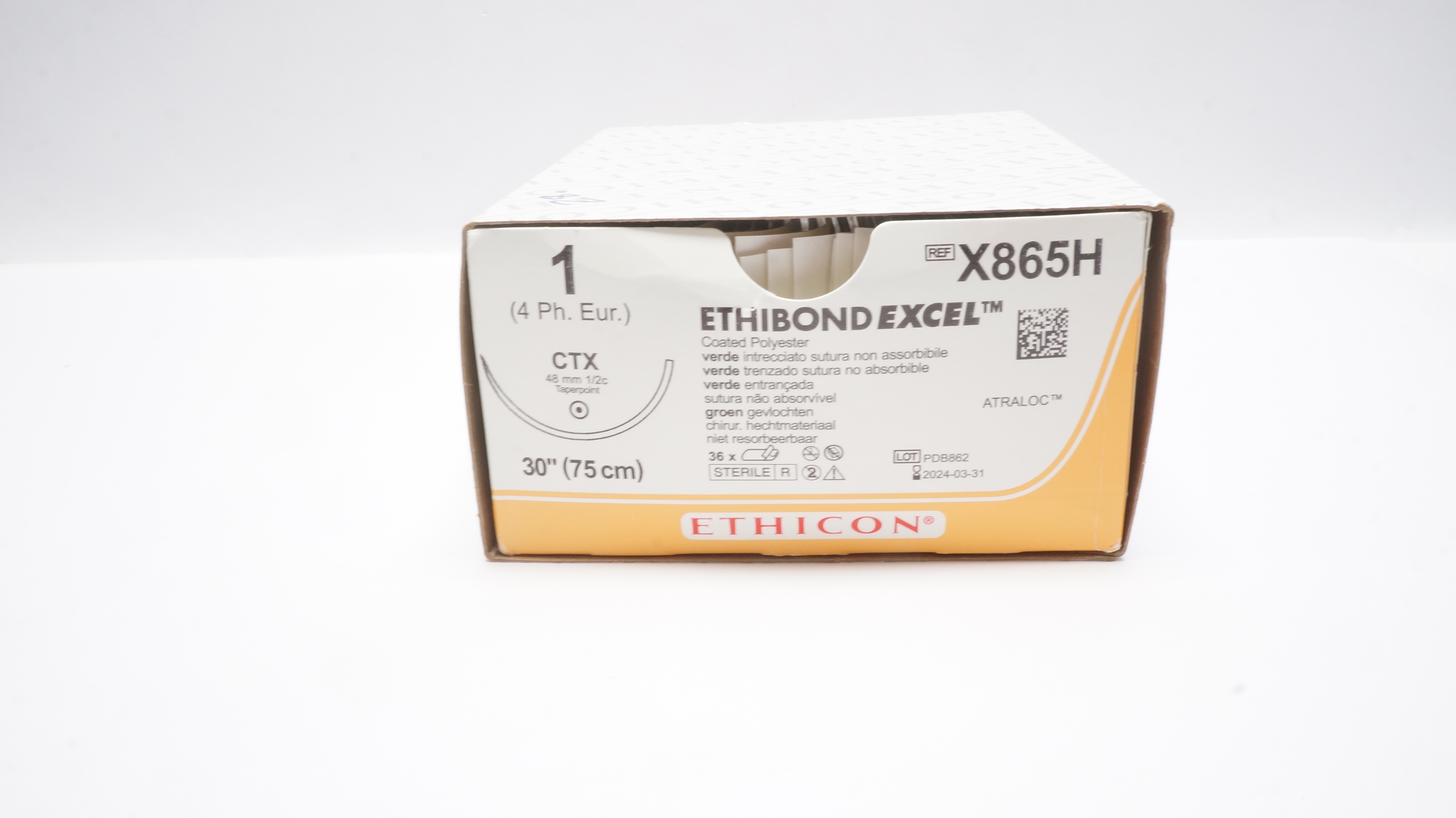 Ethicon X865H 1 ETHIBOND EXCEL Polyester Stre. 30in., CTX 48mm Ndle(x)-Box of 28