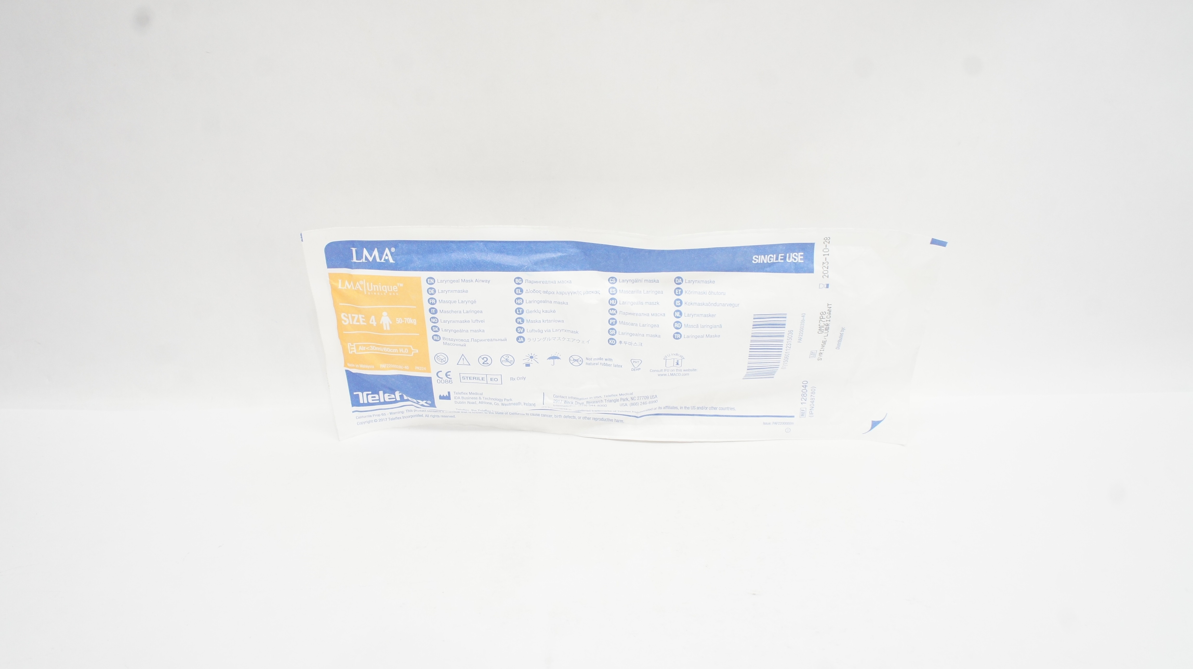 Teleflex 128040 LMA Unique Laryngeal Mask Airway Size 4 50-70kg Air<30ml/60cm(x)