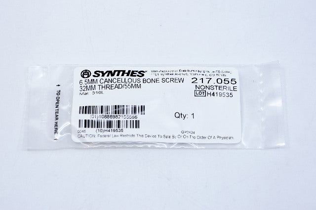 Synthes 217.055 6.5mm Cancellous Bone Screw 32mm Thread/55mm