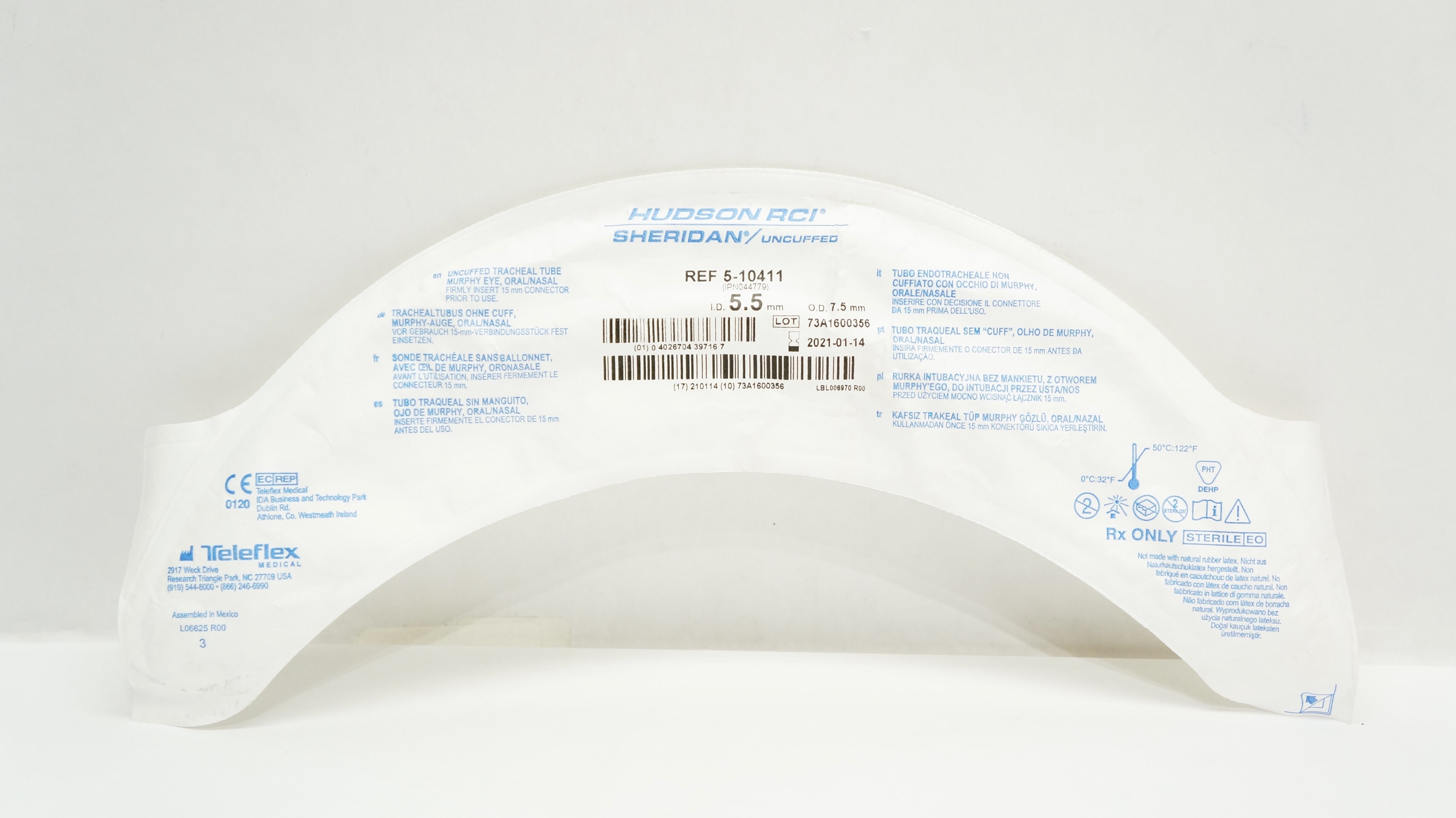 Teleflex 5-10411 Hudson RCI Uncuffed Tracheal Tube Oral/Nasal 5.5mm x 7.5mm (x)