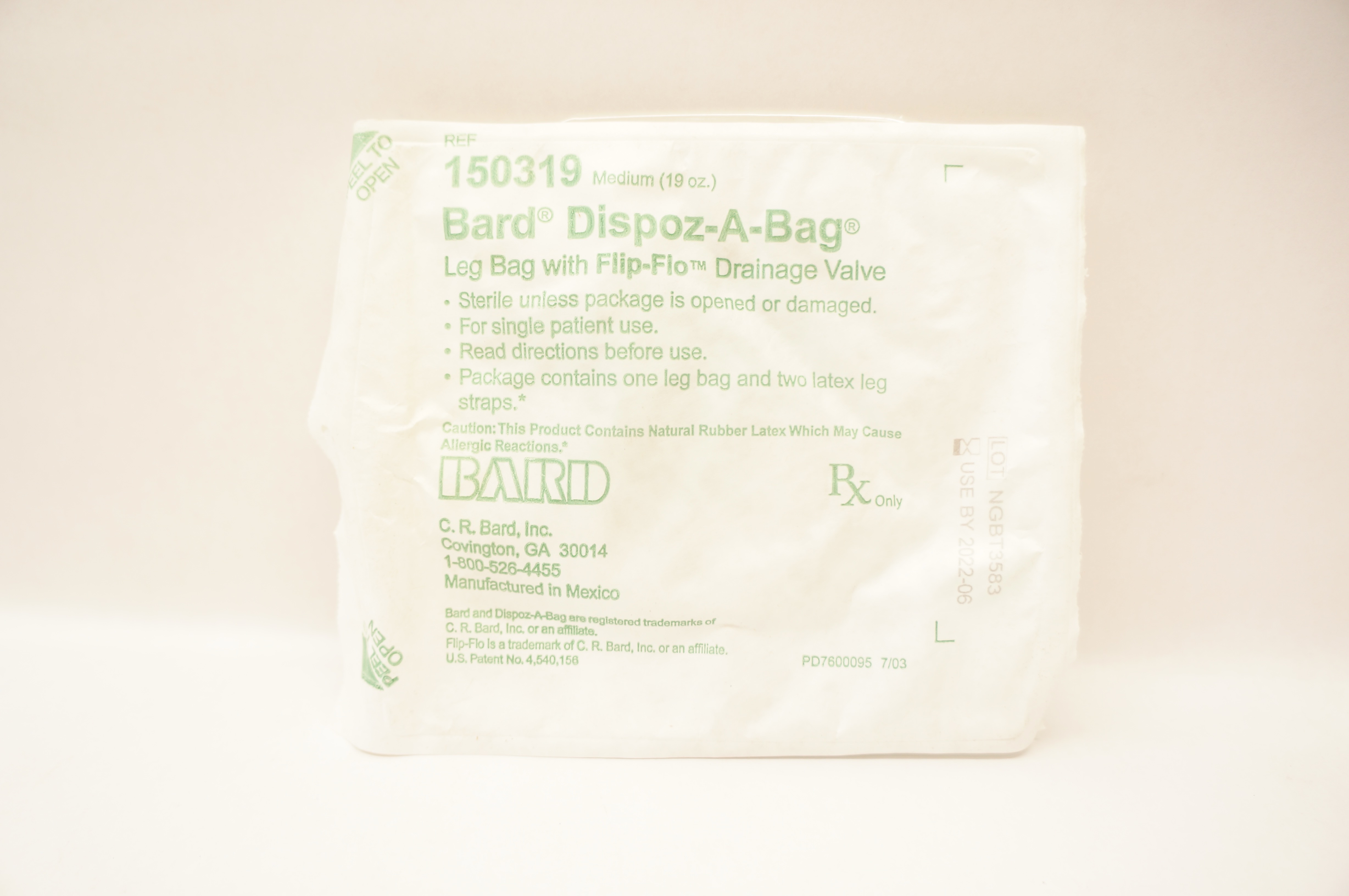 Bard 150319 Dispoz-A-Bag, Leg Bag w/Drainage Valve, Medium 19oz. (x)