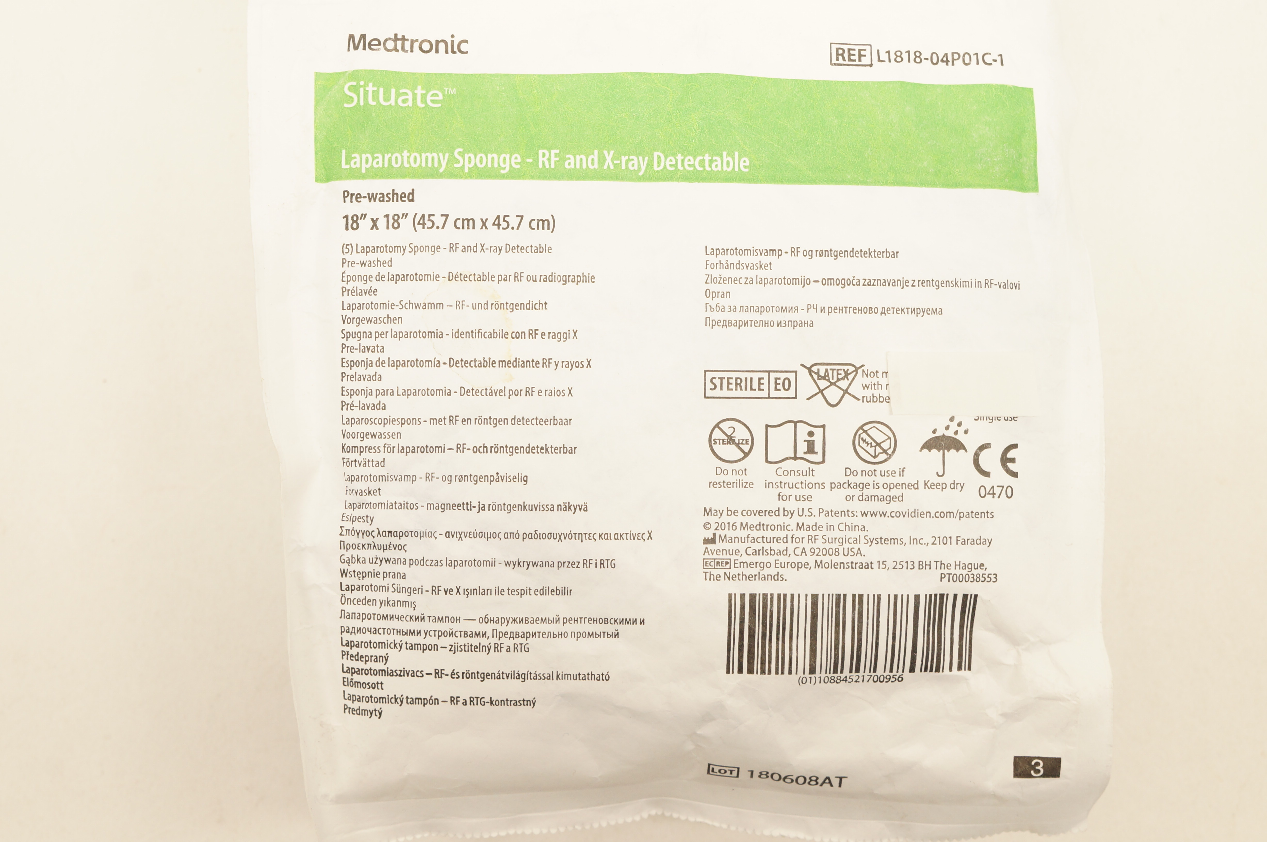 Medtronic L1818-04P01C-1 Situate Laparotomy Sponge-RF&X-Ray Detectable 18x18inch