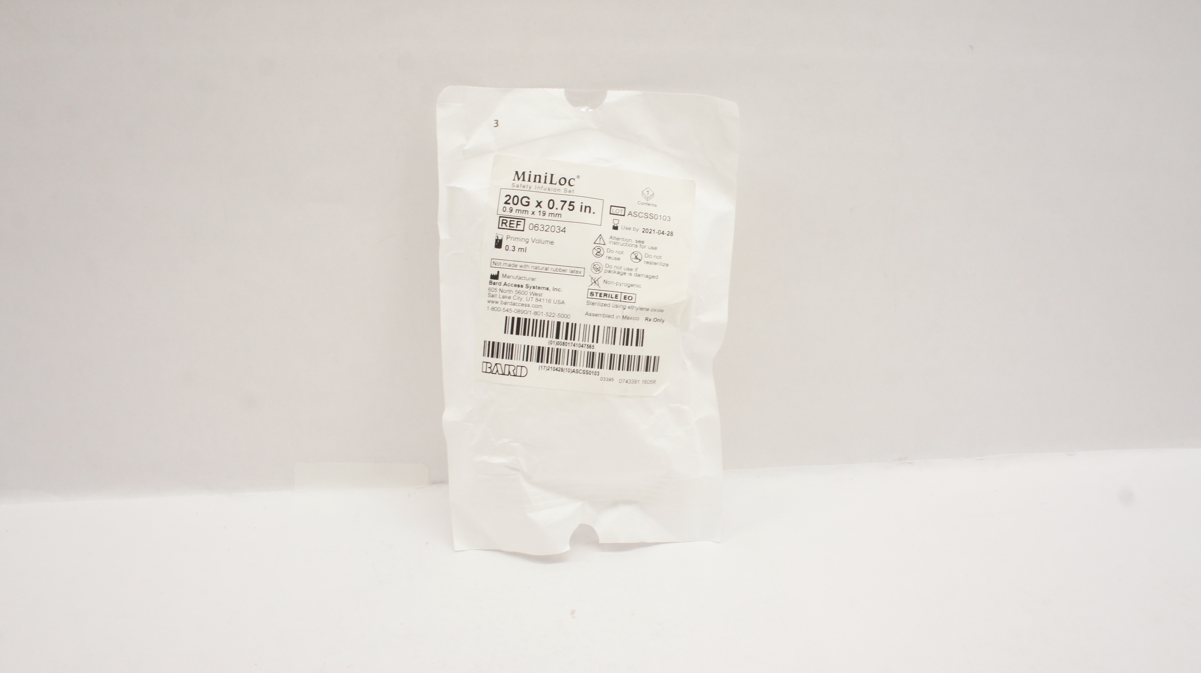 Bard 0632034 MiniLoc Safety Infusion Set 20G x 0.75 inch, Priming Vol. 0.3ml (x)