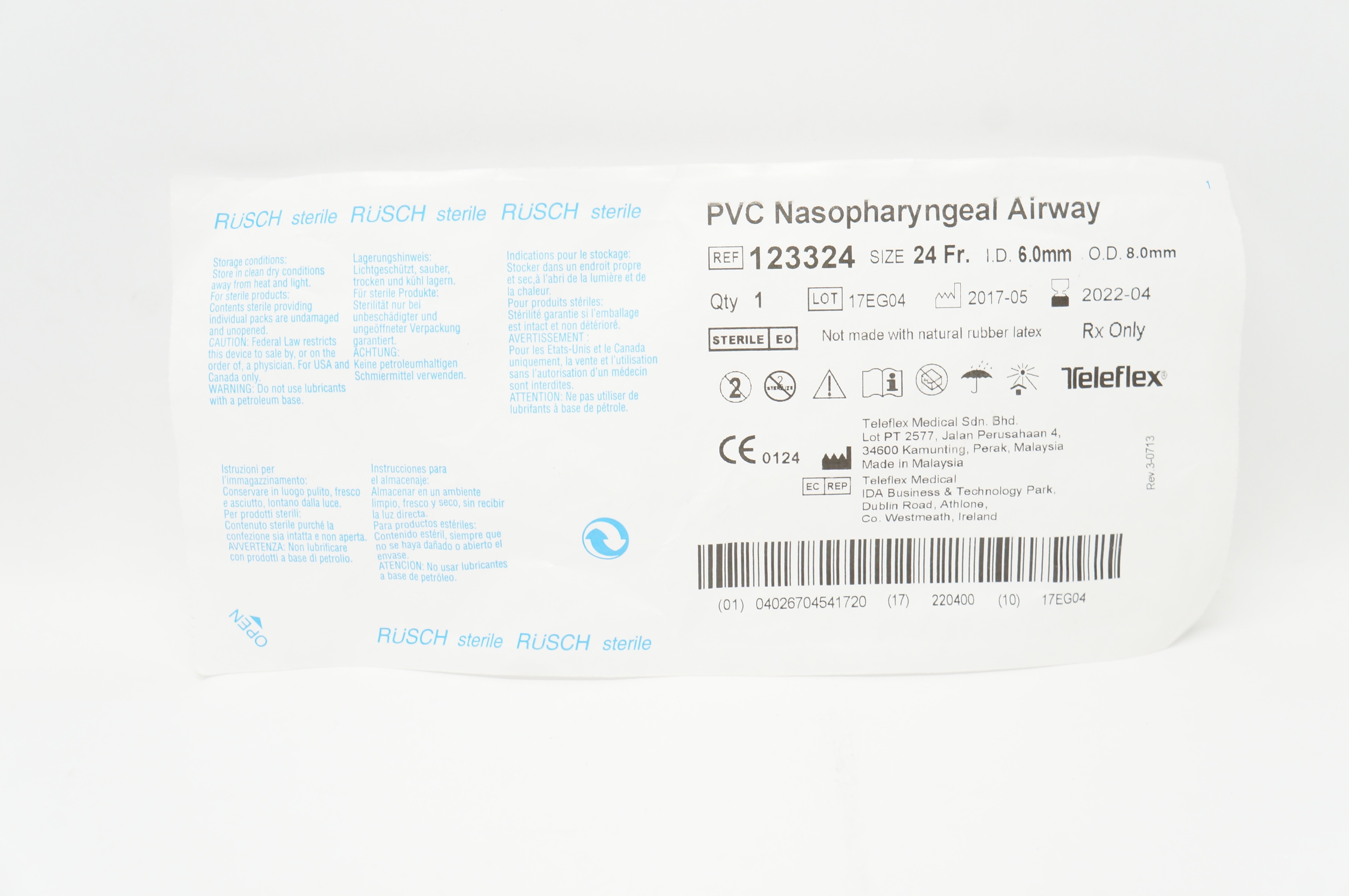 Teleflex 123324 Rusch PVC Nasopharyngeal Airway 24 Fr x 6.0mm ID x 8.0mm OD (x)