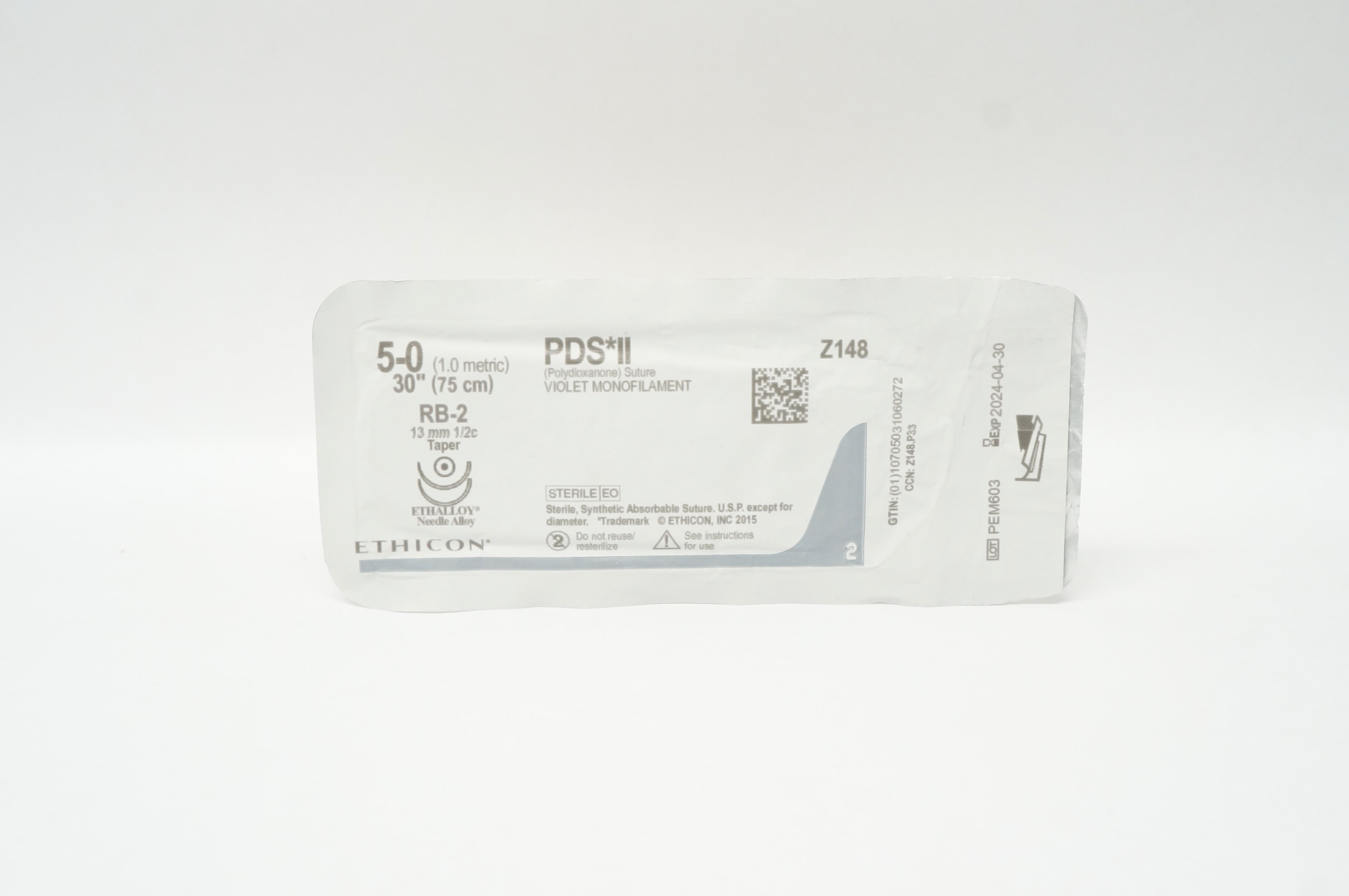 Ethicon Z148 5-0 PDS II (Polydioxanone) Stre RB-2 13mm 1/2c Taper 30 inch