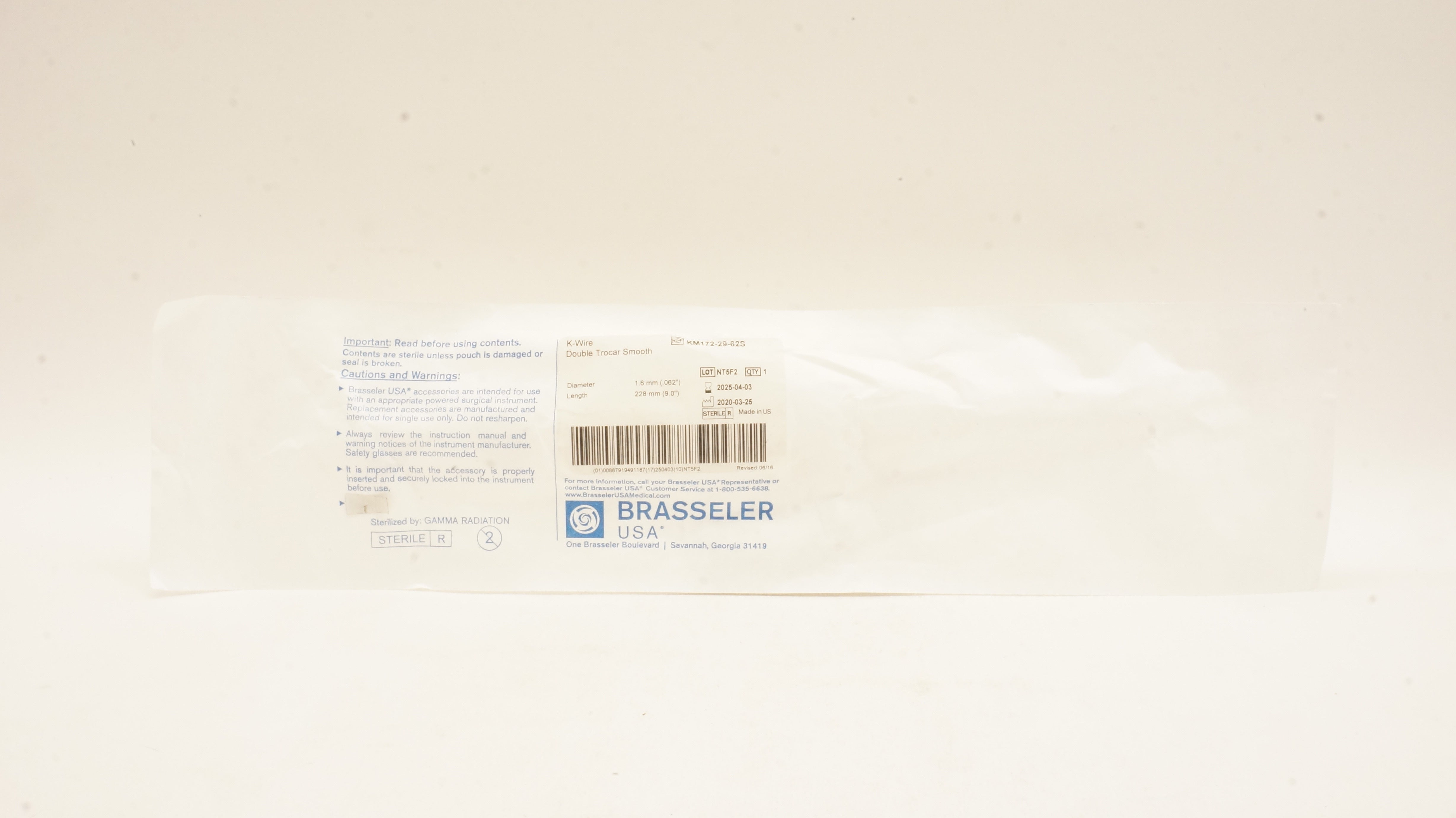 Brasseler KM172-29-62S K-Wire Duble Trocar Smooth 1.6 x 228mm