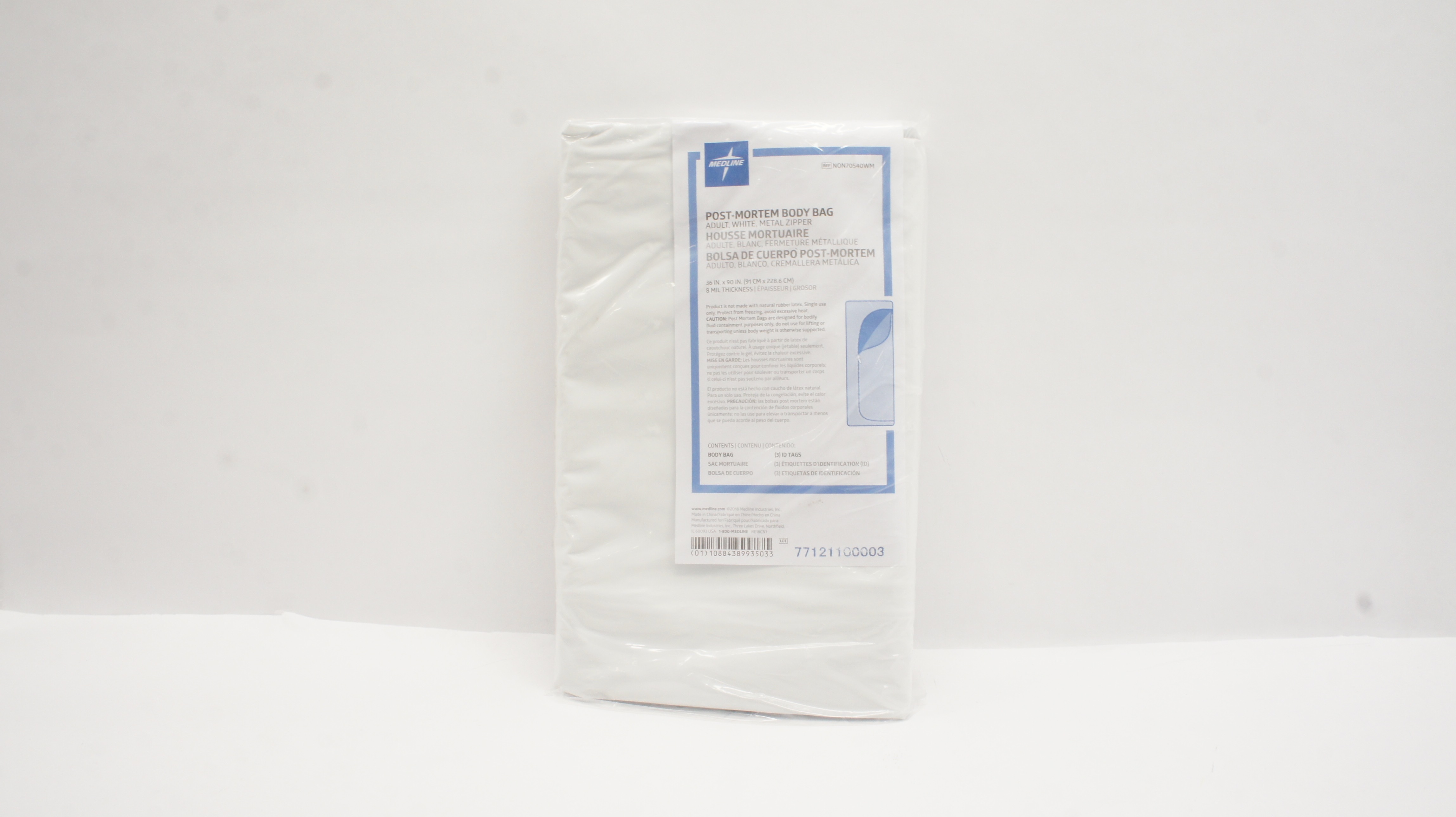 Medline NON70540WM Post-Mortem Body Bag Adult Size, Metal Zipper 36 x 90inch