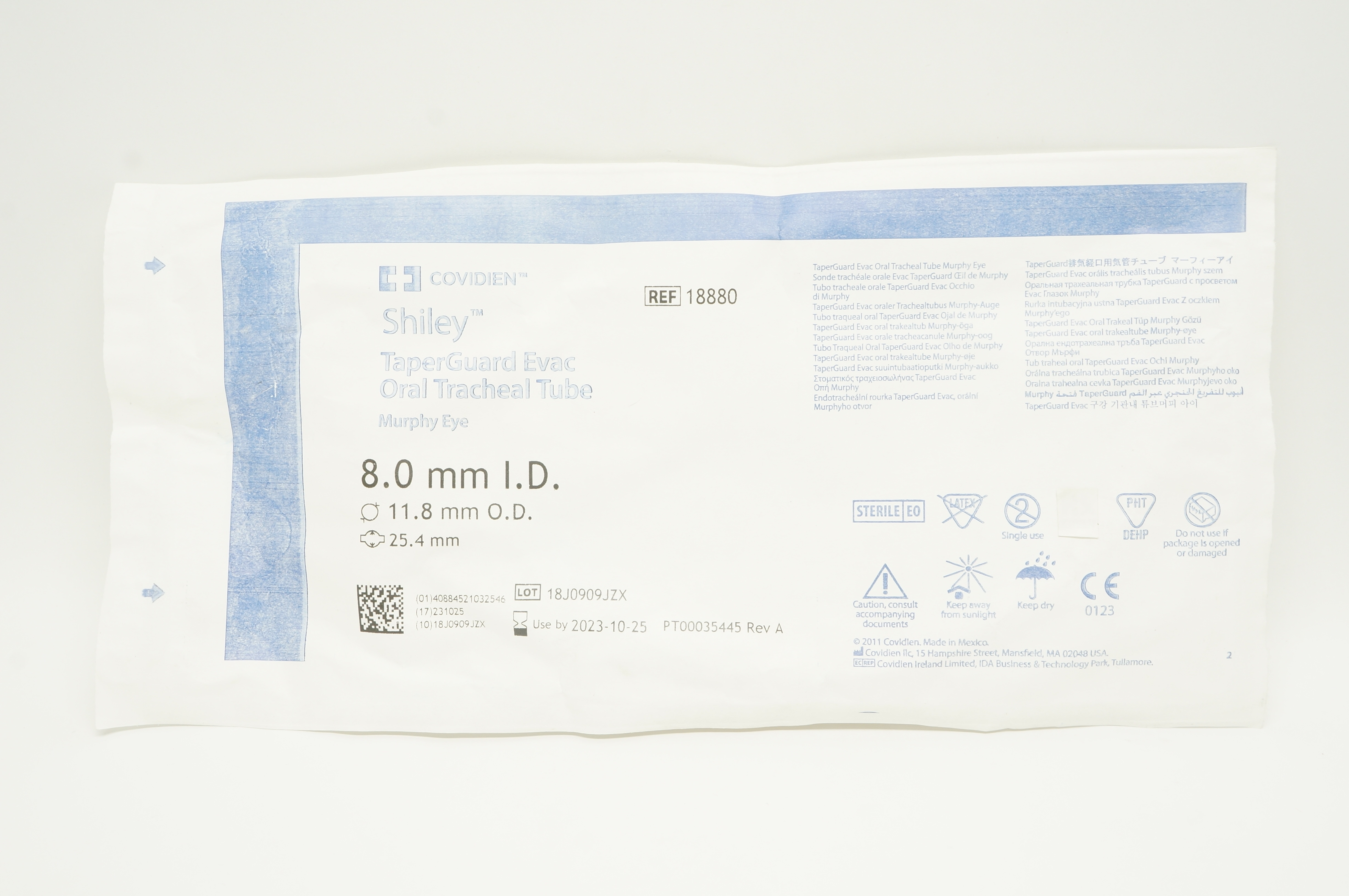 Covidien 18880 Shiley TaperGuard Evac Oral Tracheal Tube 8.0mm ID, 11.8mm OD