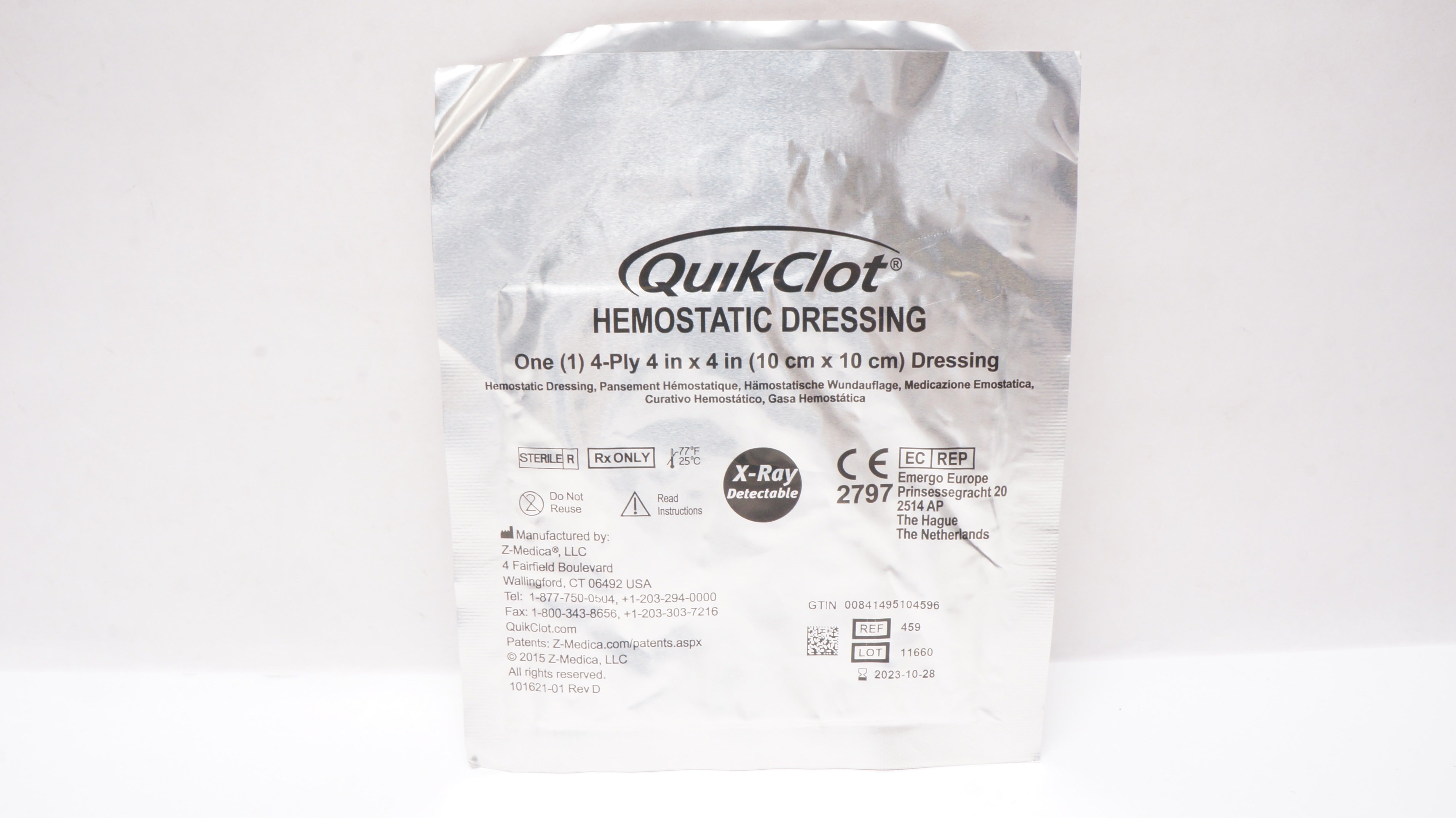 Z-Medica 459 QuikClot Hemostatic Dressing, 4-Ply 4inch x 4inch