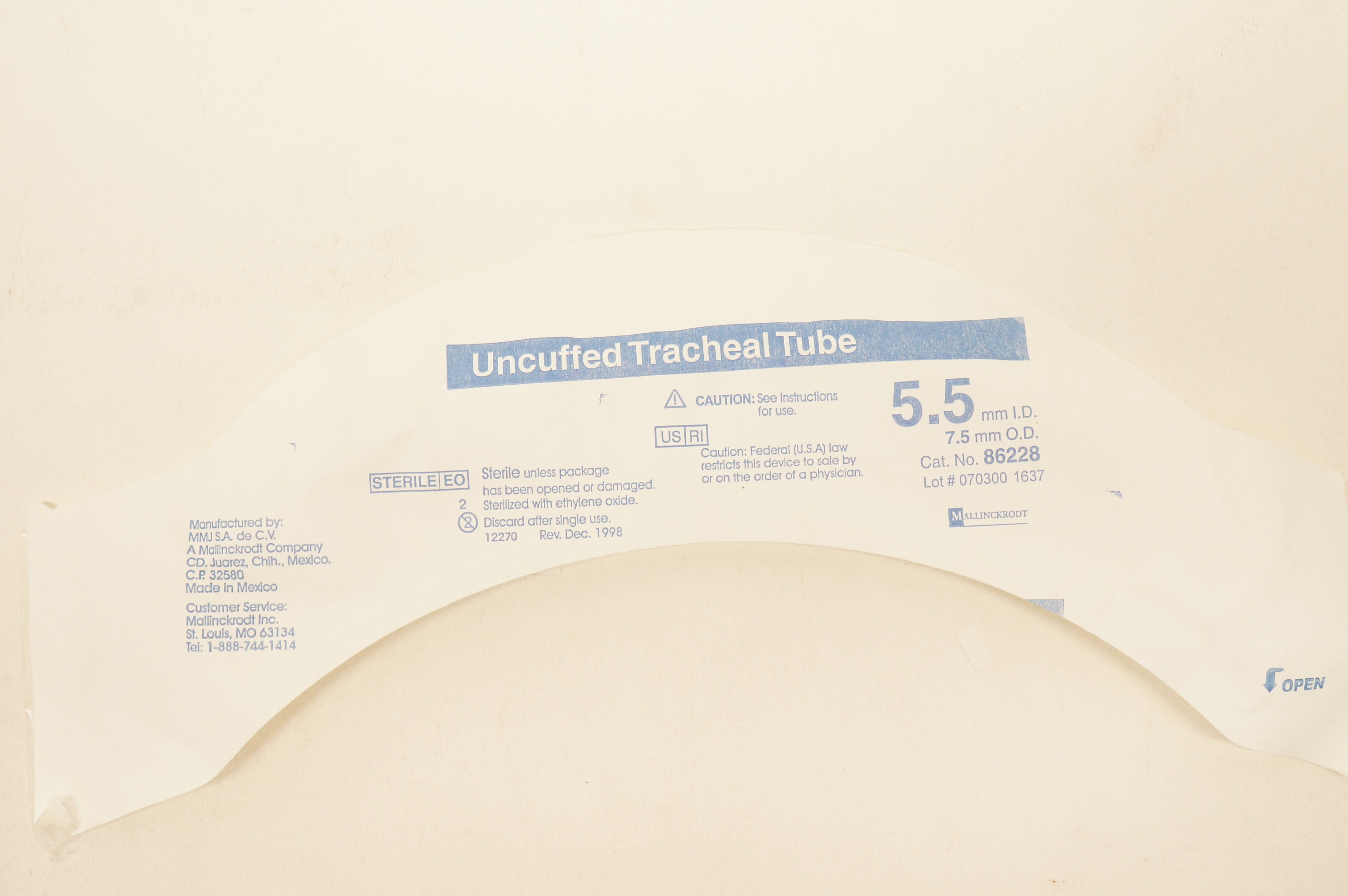 Mallinckrodt 86228 Uncuffed Tracheal Tube 5.5mm ID x 7.5mm OD