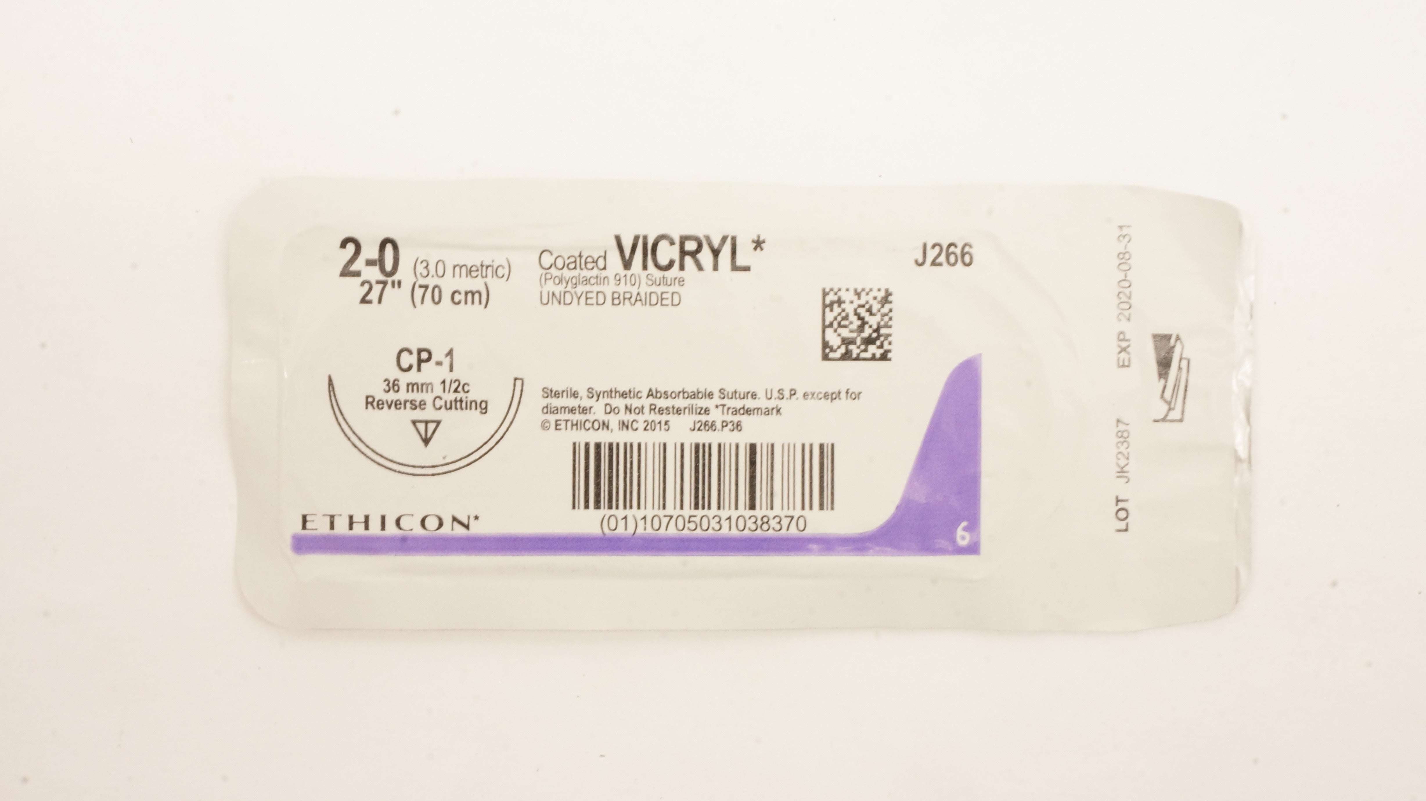 Ethicon J266 2-0 Coated VICRYL Stre CP-1 36mm 1/2c Reverse Cutting, 27 inch (x)