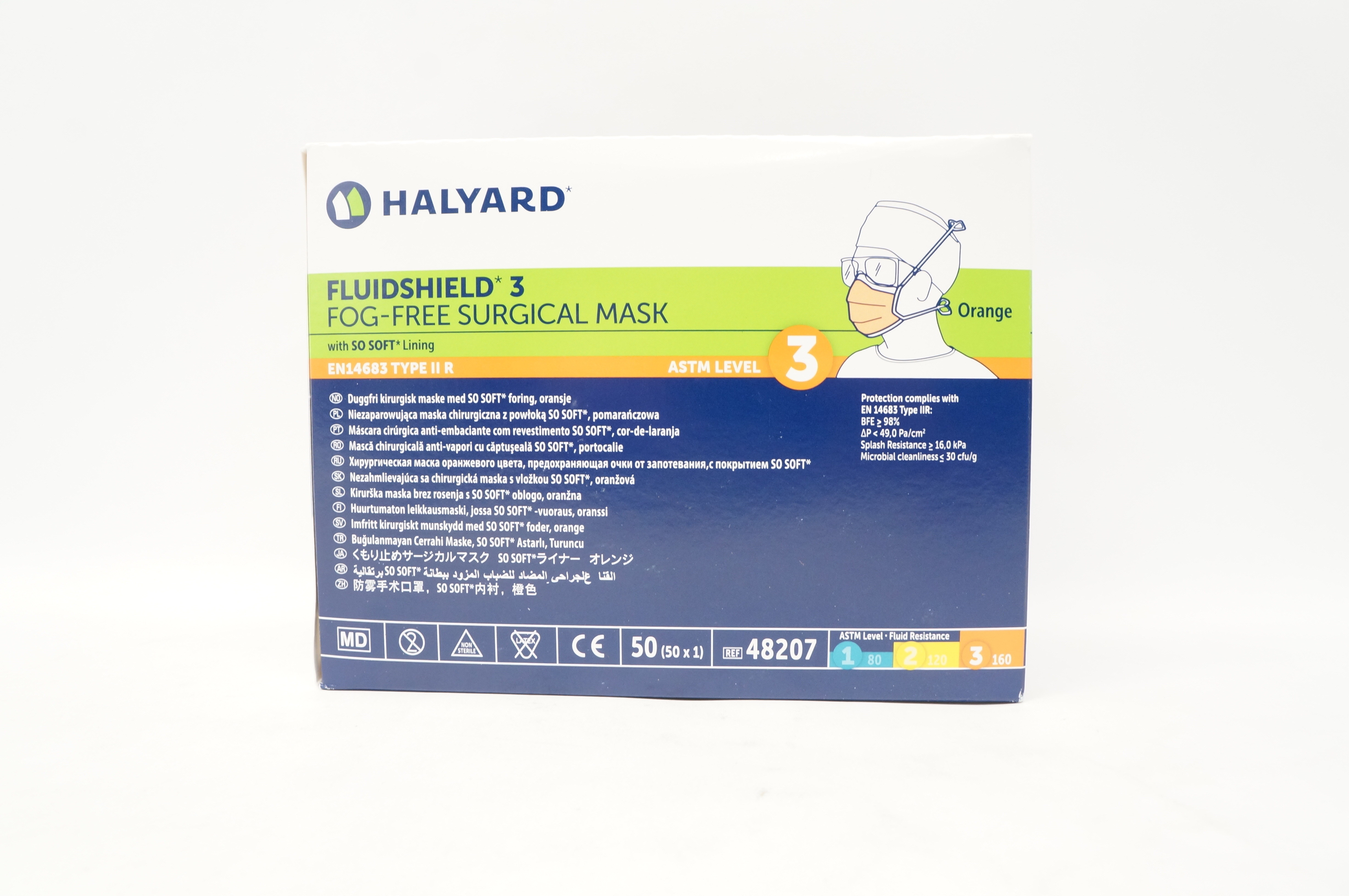 Halyard 48207 Fluishield 3 Fog-Free Surgical Mask, Orange - Box of 50