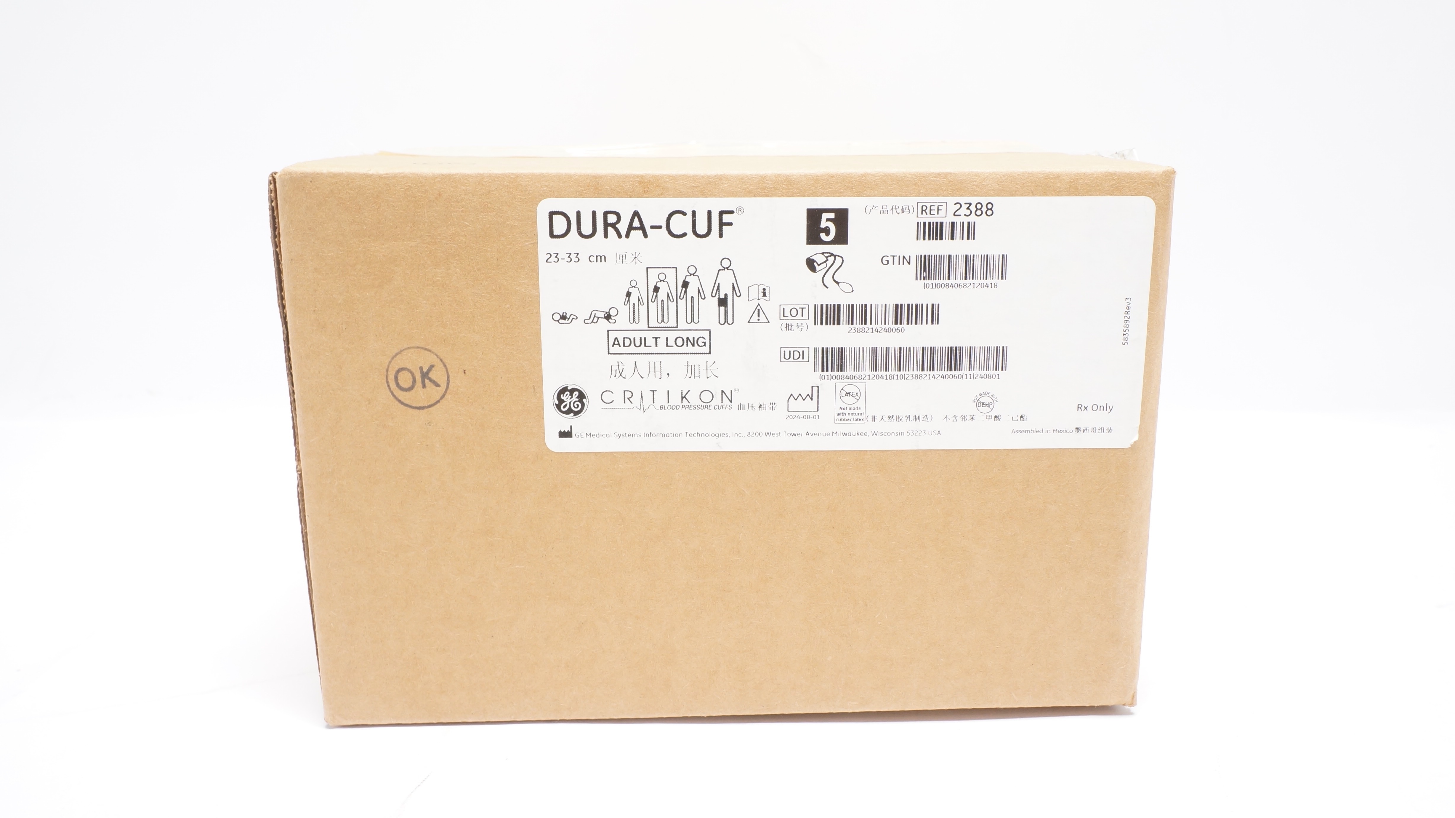 GE Medical 2388 Critikon Dura-Cuf Adult Long 23-33cm - Box of 5