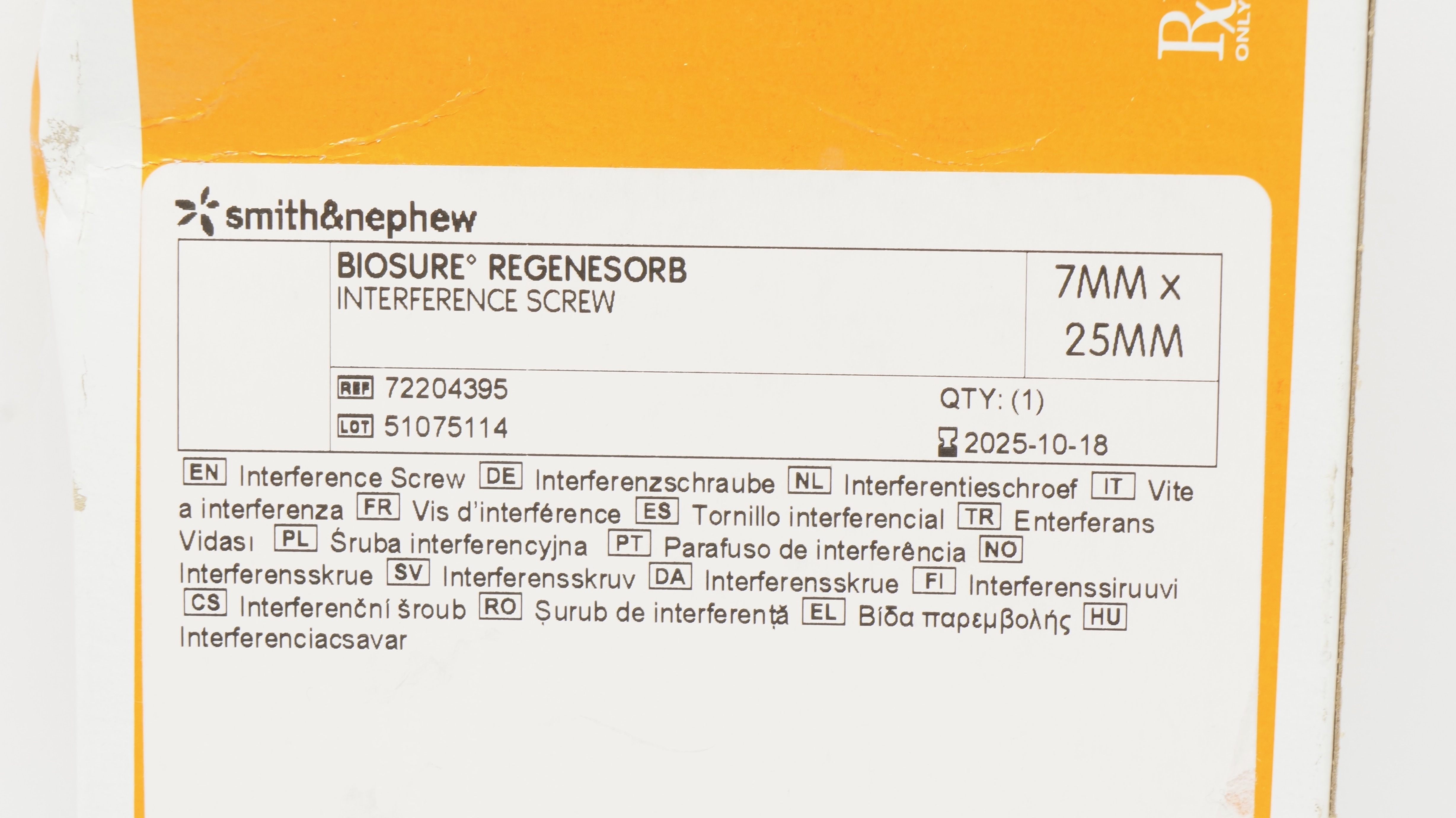 Smith&Nephew 72204395 BIOSURE REGENESORB Interference Screw, 7mm x 25mm