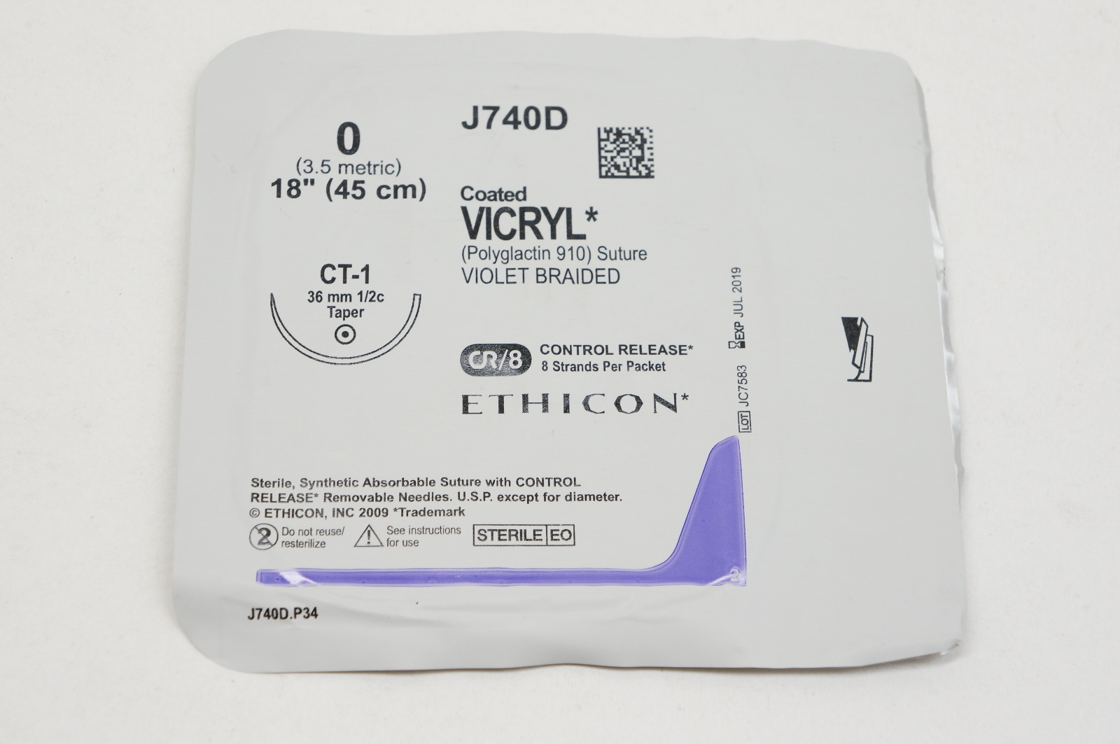 Ethicon J740D 0 VICRYL, CT-1, 36mm 1/2c Taper, 18inch (x)