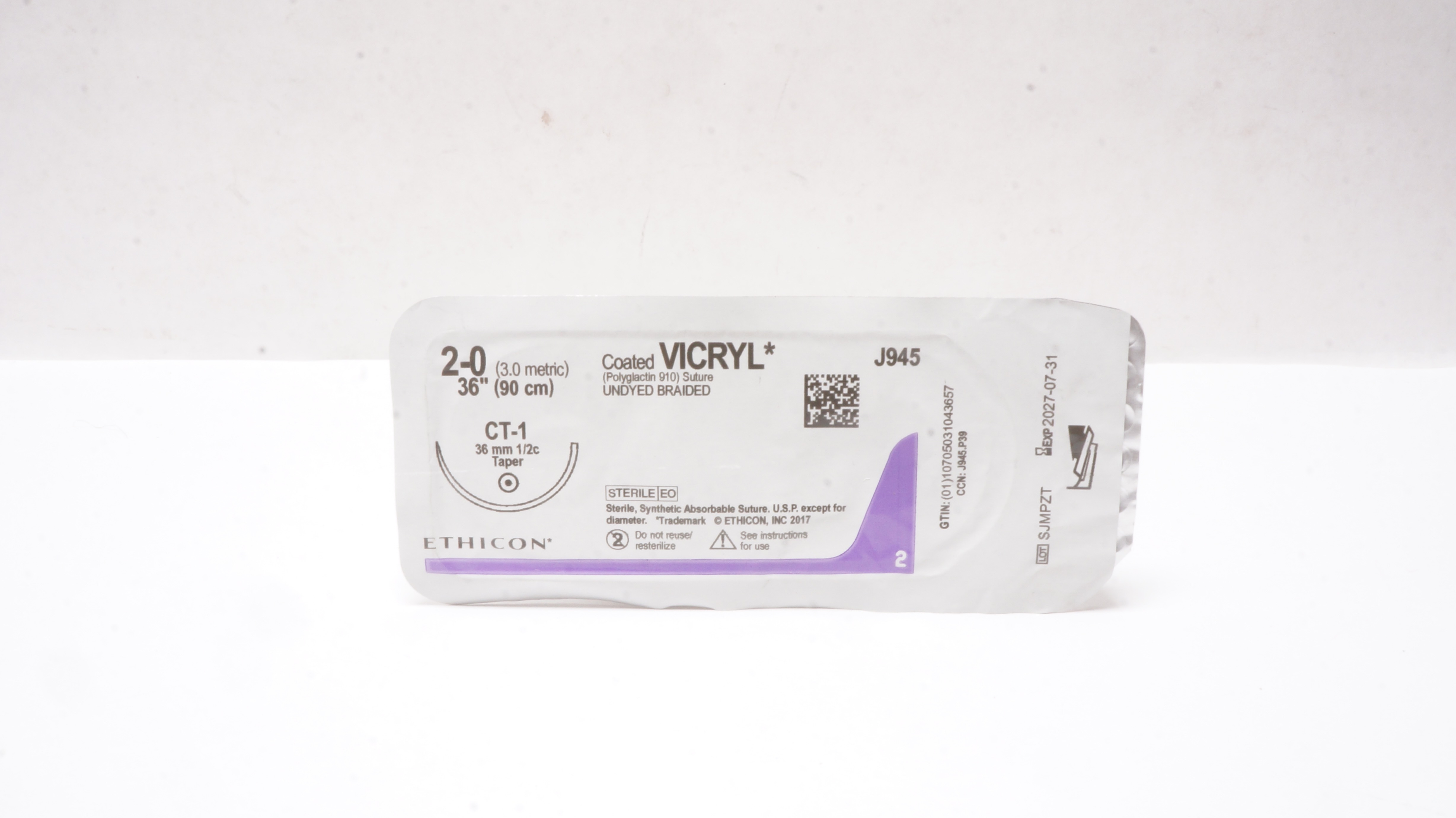 Ethicon J945 2-0 Coated VICRYL Braided Stre CT-1 36mm 1/2c Taper, 36inch