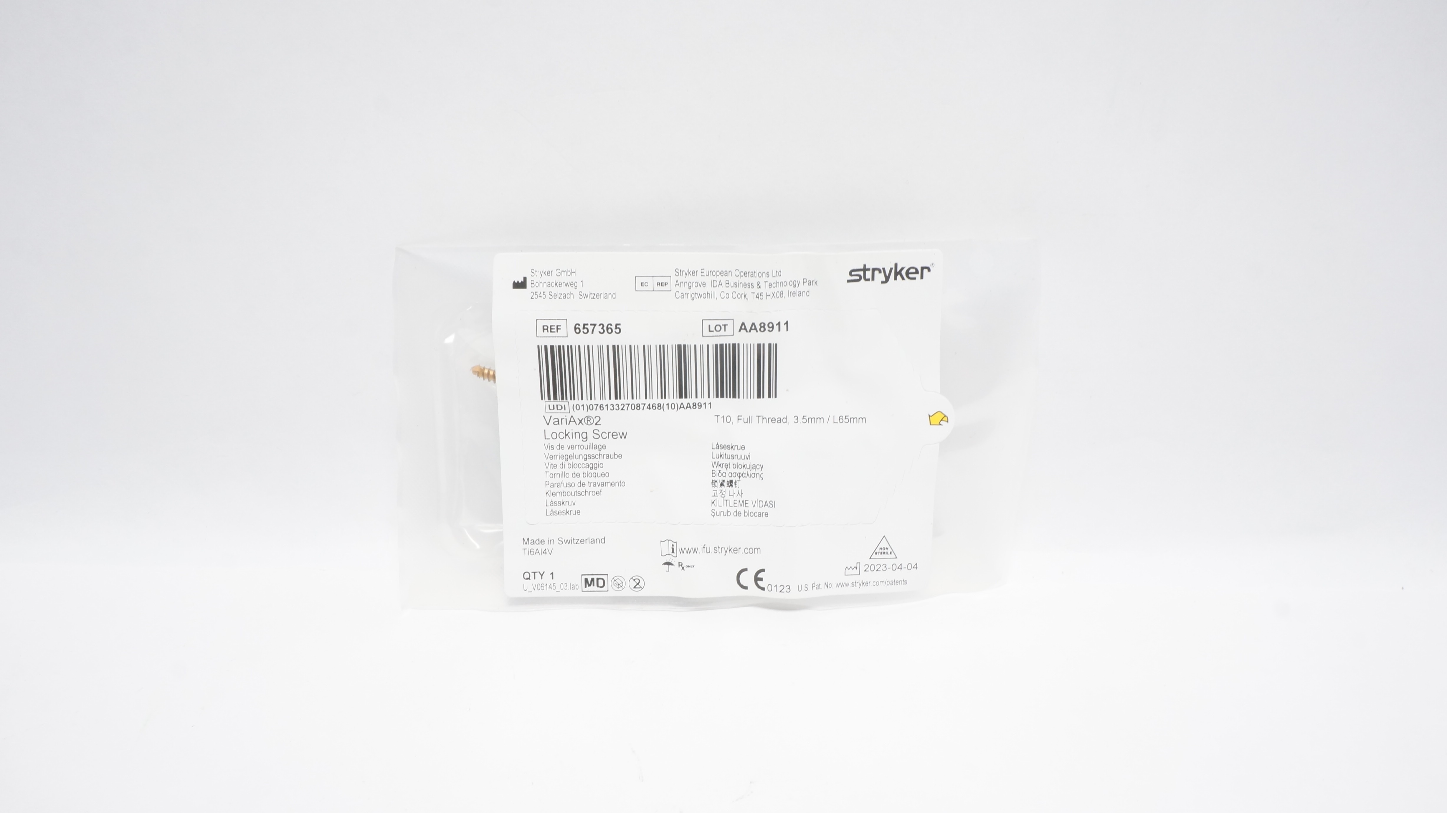 Stryker 657365 VariAx2 Locking Screw T10,Full Threaded, 3.5mm/L65mm