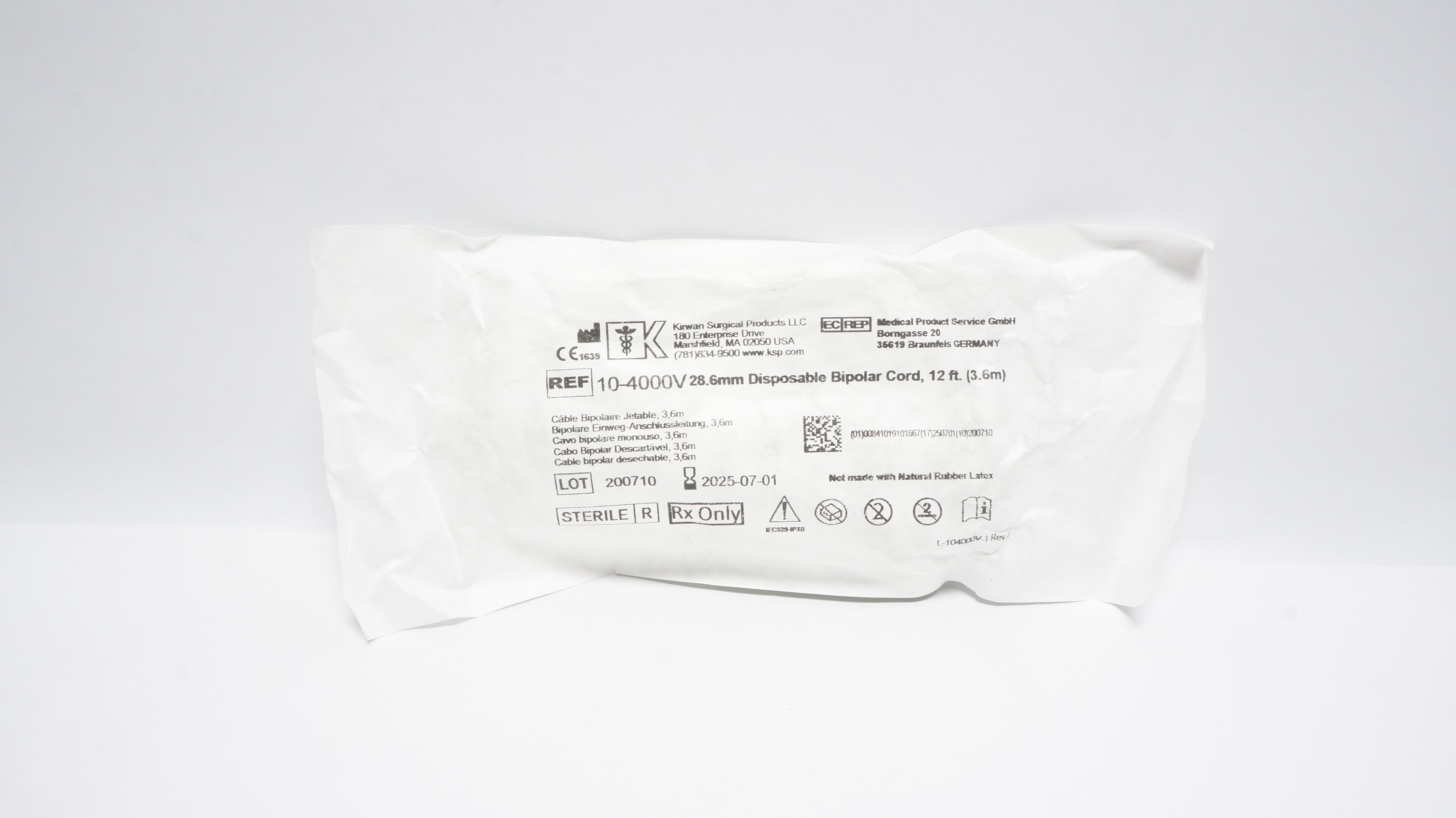 Kirwan Surgical 10-4000V 28.6mm Disposable Bipolar Cord,12Ft (x)