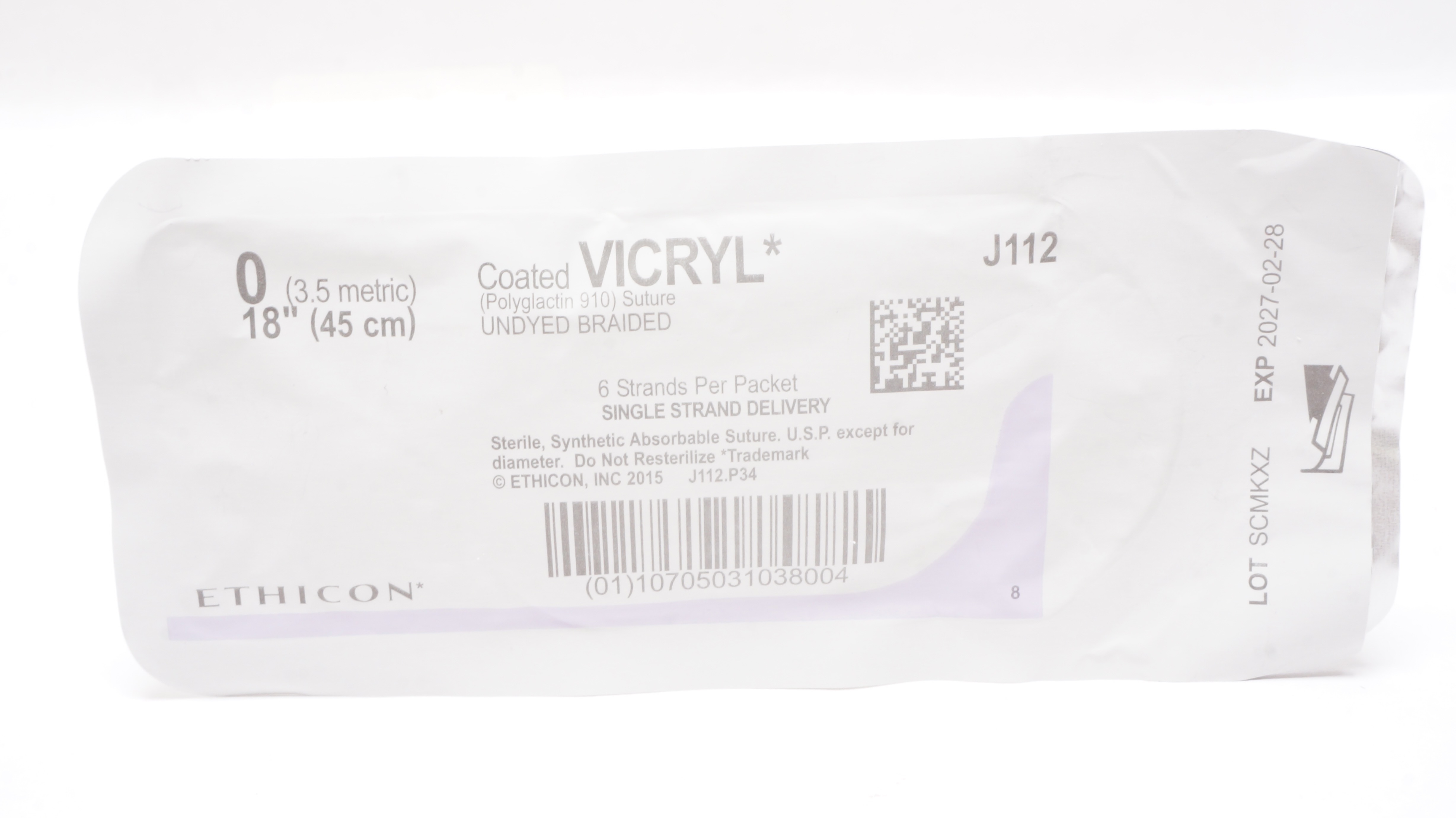 Ethicon J112 0 Coated VICRYL Stre. Undyed Braided, 18inch