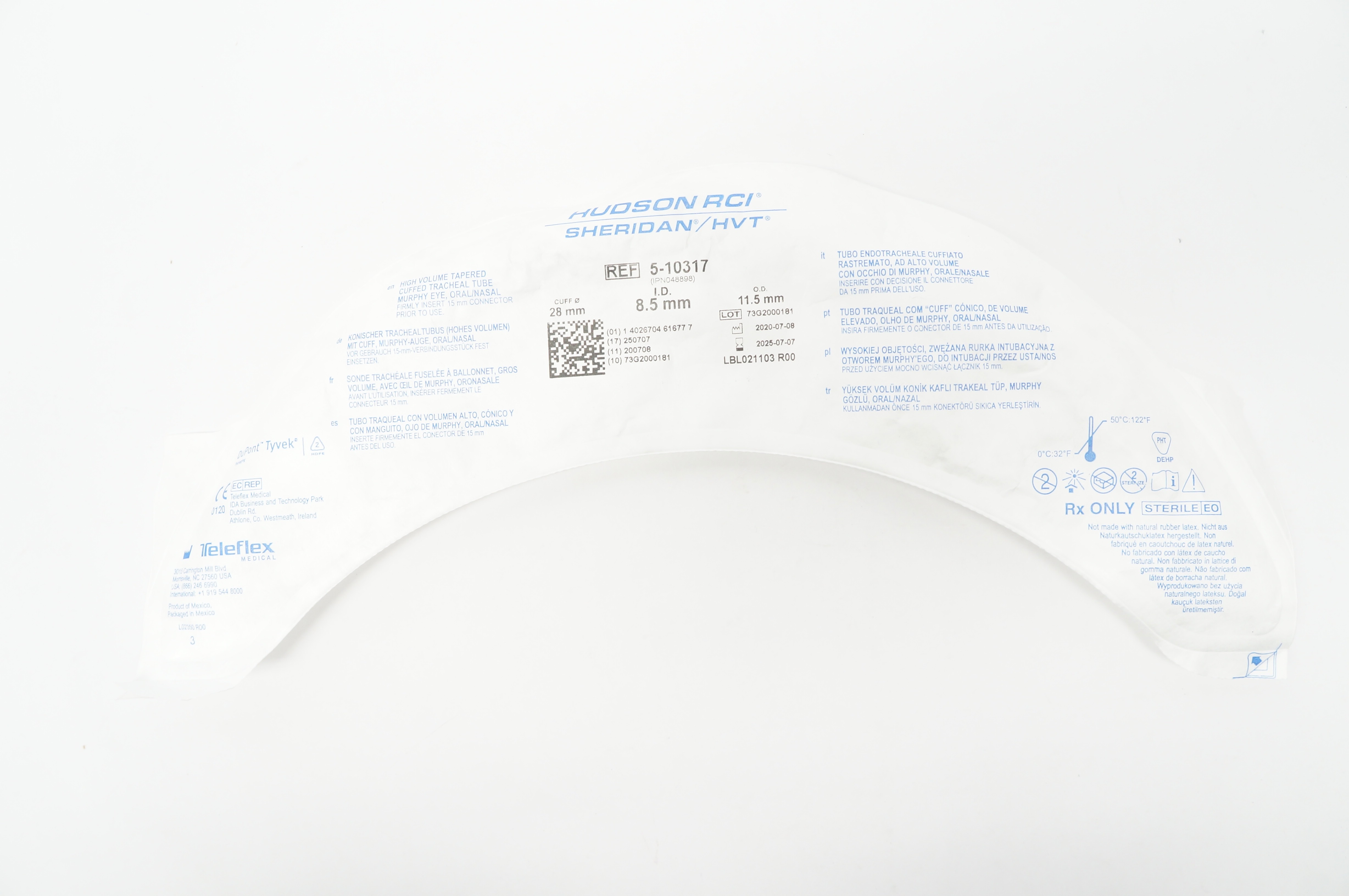 Teleflex 5-10317 High Volume Tapered Cuffed Tracheal Tube 8.5mm ID x 11.5mm OD
