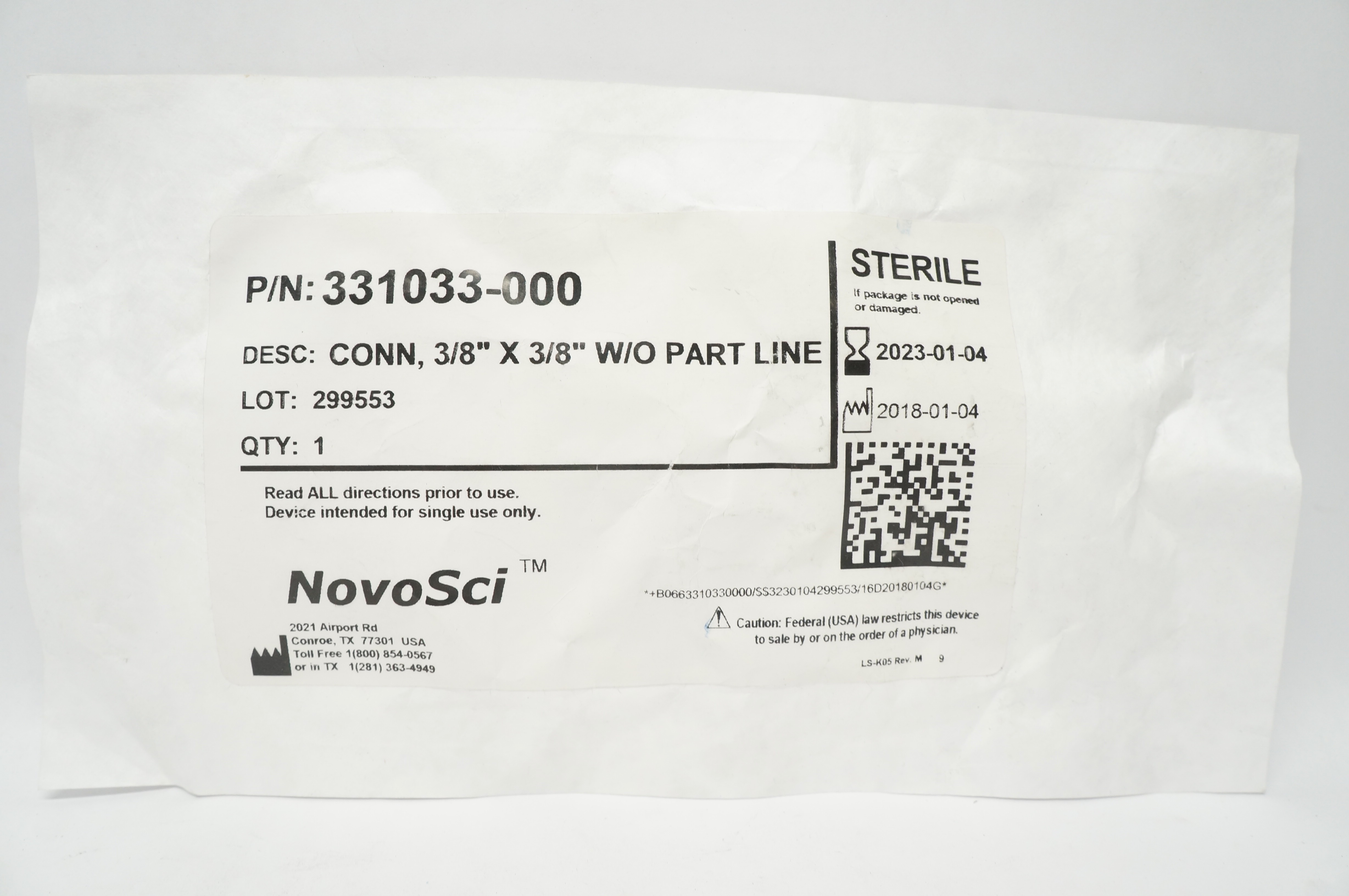 NovoSci 331033-000 Connector w/o Part Line, 3/8inch x 3/8inch