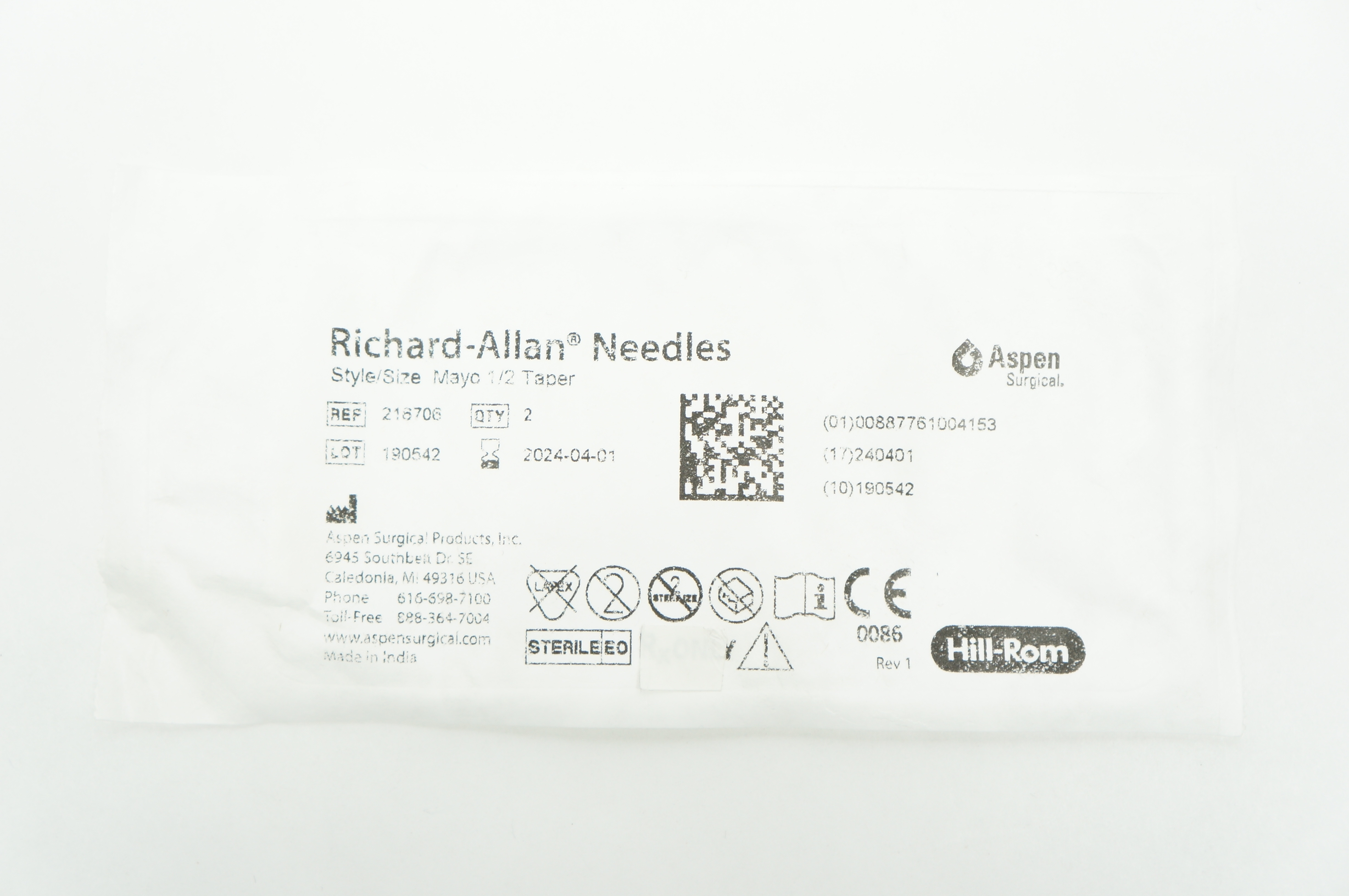 Aspen Surgical 216706 Richard-Allan Ndles, Mayo 1/2 Taper (x) - Pack of 2