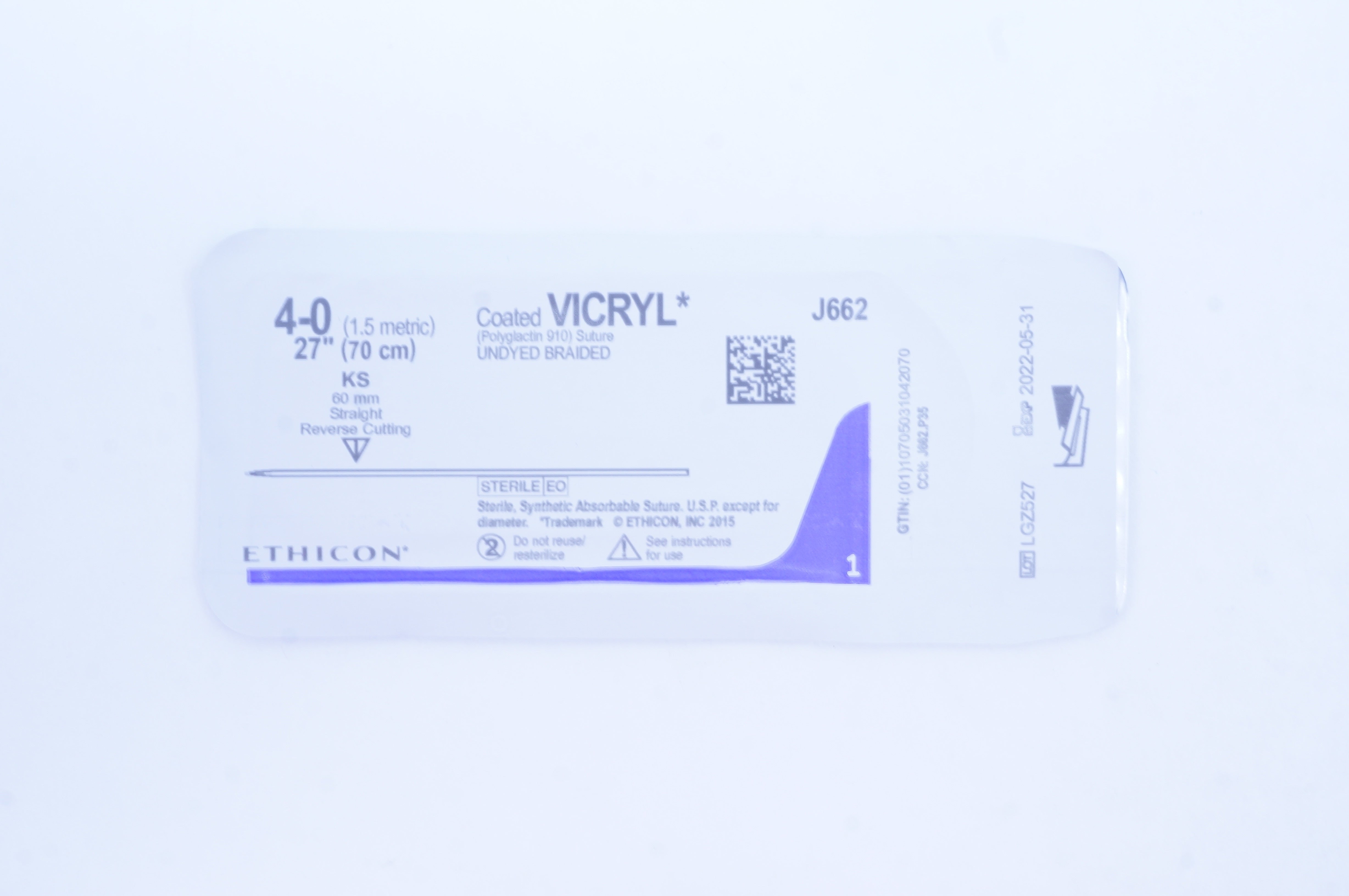 Ethicon J662 4-0 Coated VICRYL KS 60mm Straight Reverse Cutting, 27inch (x)