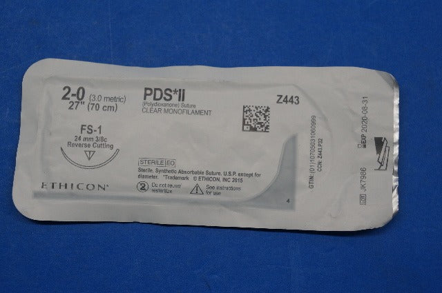 Ethicon Z443 2-0 PDS II, FS-1 24mm 3/8c Reverse Cutting, Clear Monofilament, 27