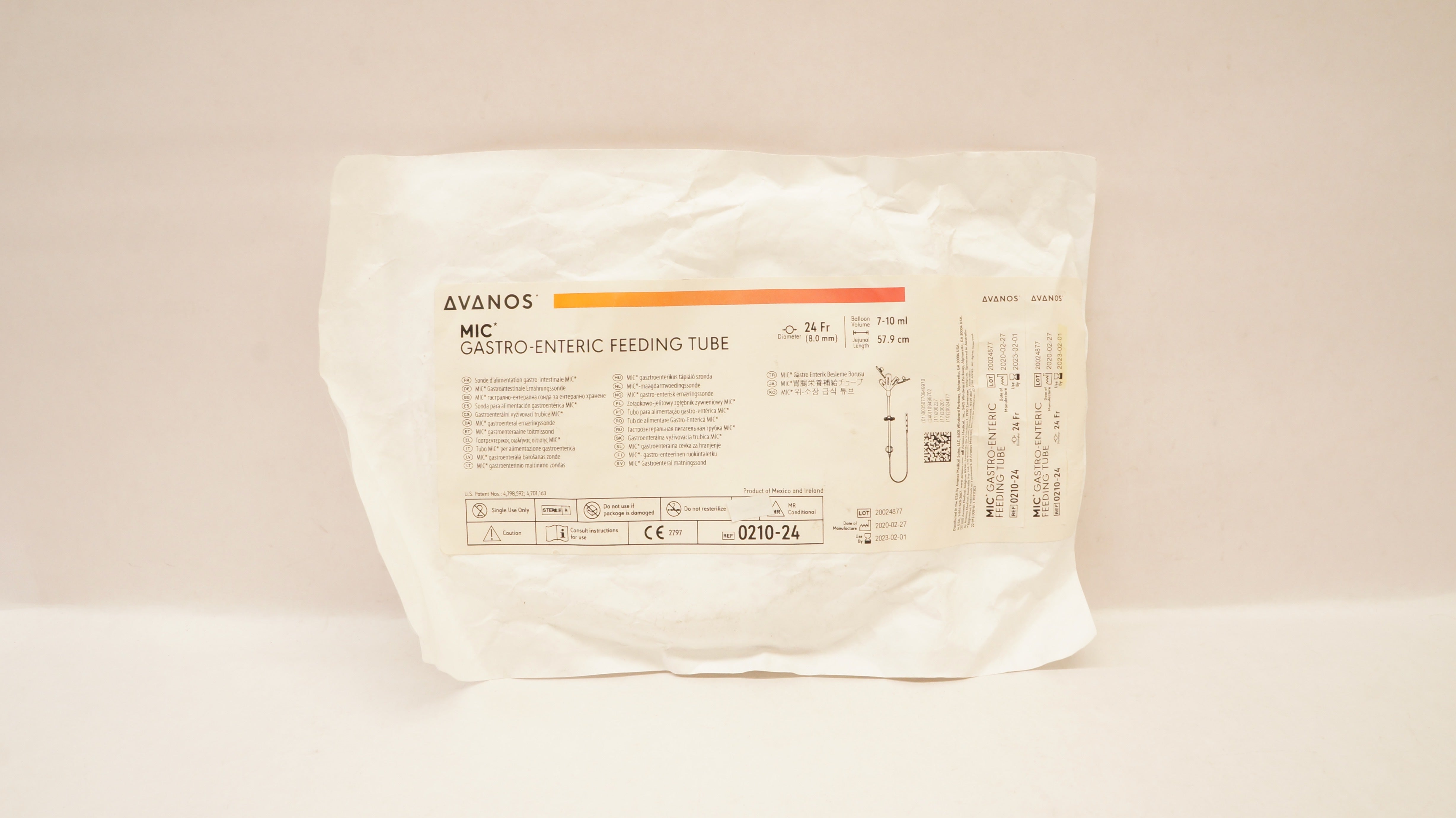 Avanos 0210-24 Mic Gastro-Enteric Feeding Tube 24Fr x 7-10ml x 57.9cm (x)