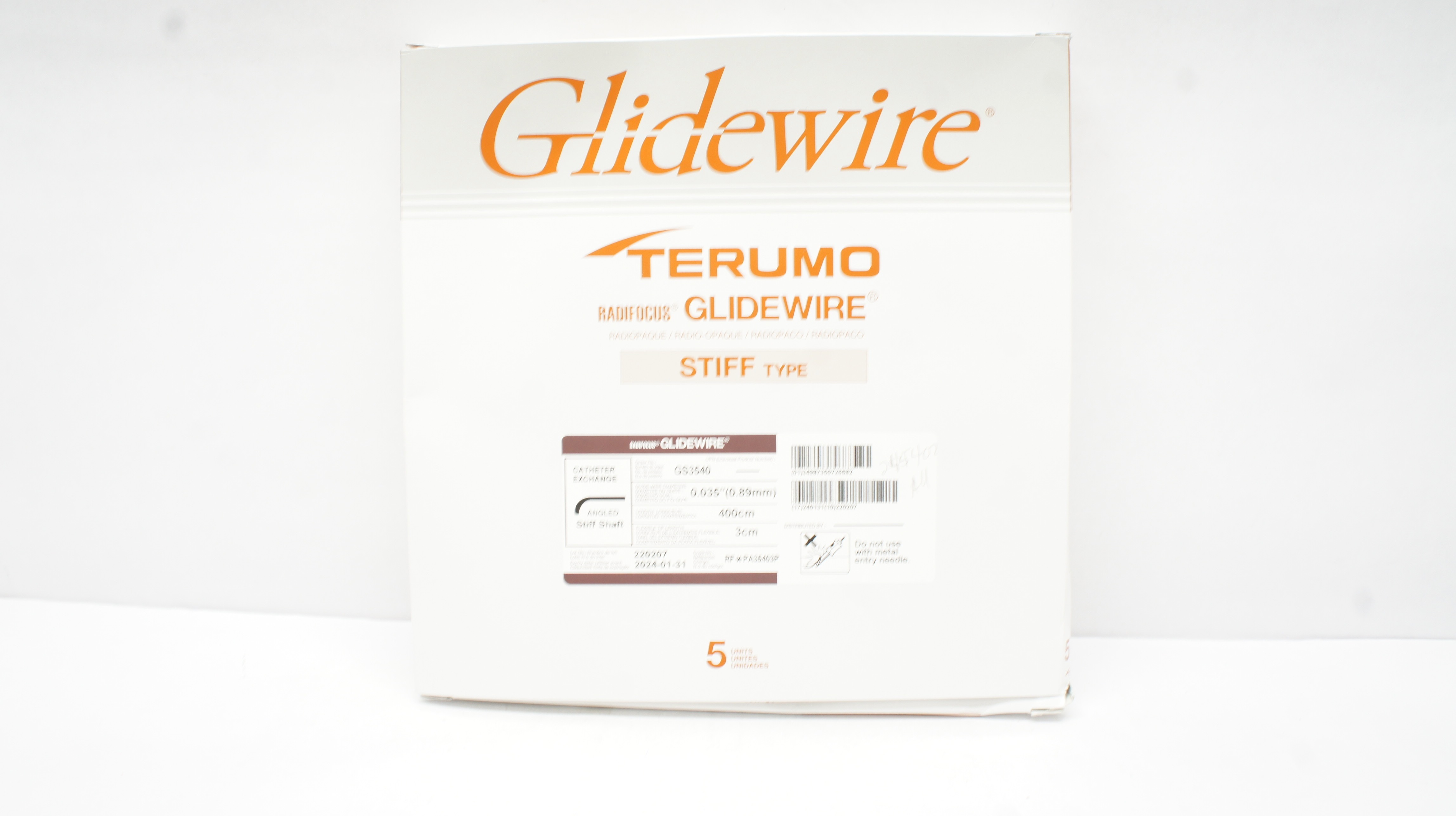 Terumo PA35403P Cath. Exchange Stiff Shaft Angled 0.035in x 400cm (x) - Box of 5