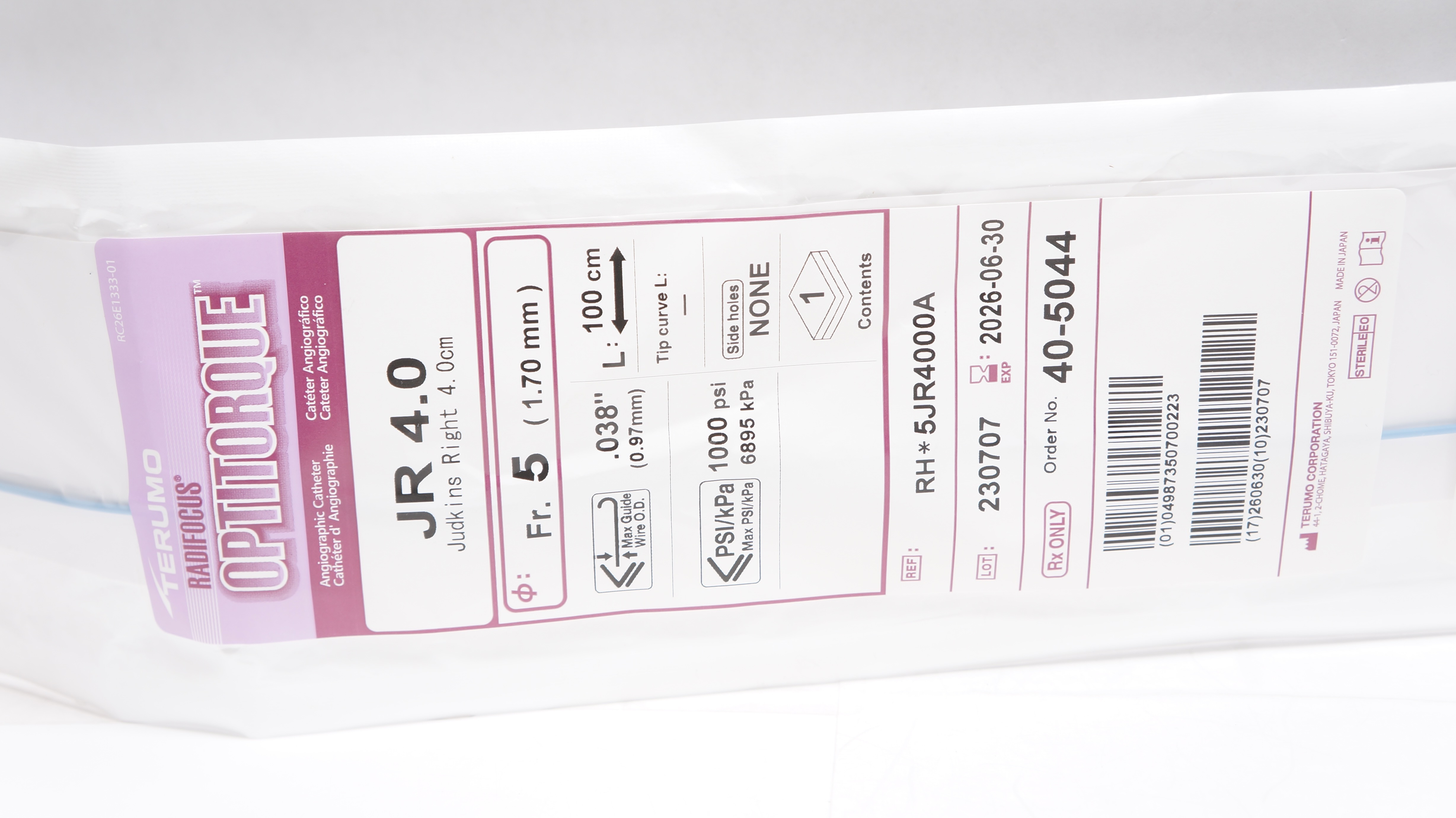 Terumo 5JR4000A Radifocus Angiographic Cath. JR 4.0 5FR x .038inch x 100cm